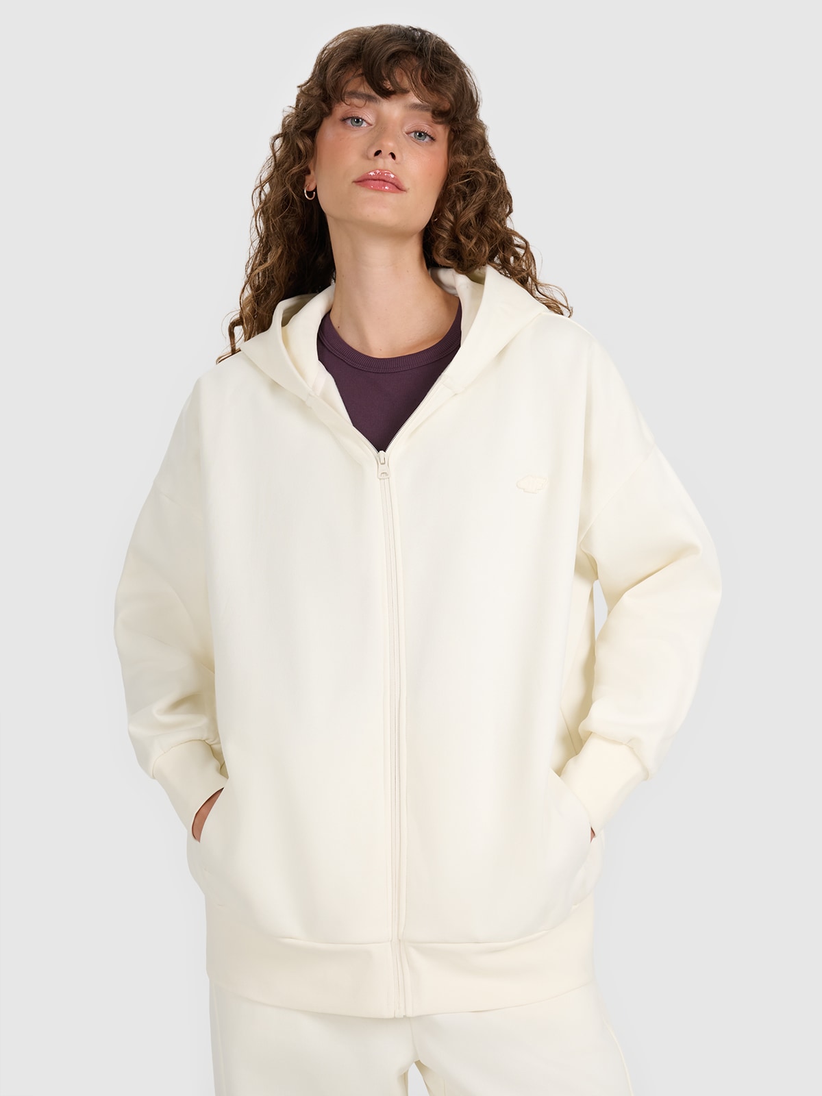 4F Bluza dresowa rozpinana z kapturem damska - beżowa XL