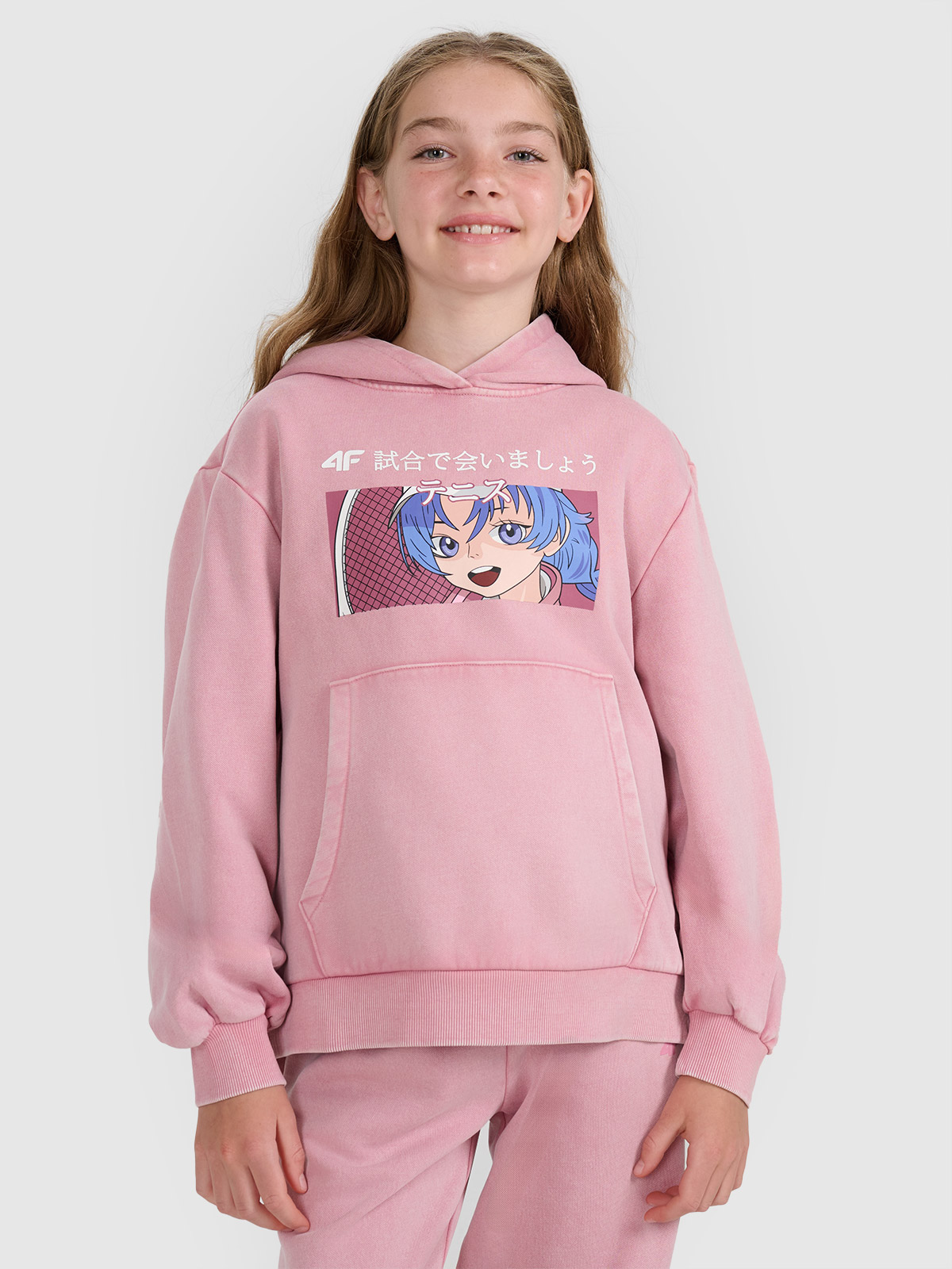 4F Bluza dresowa nierozpinana z kapturem dziewczęca - różowa 146 (10-11 lat)
