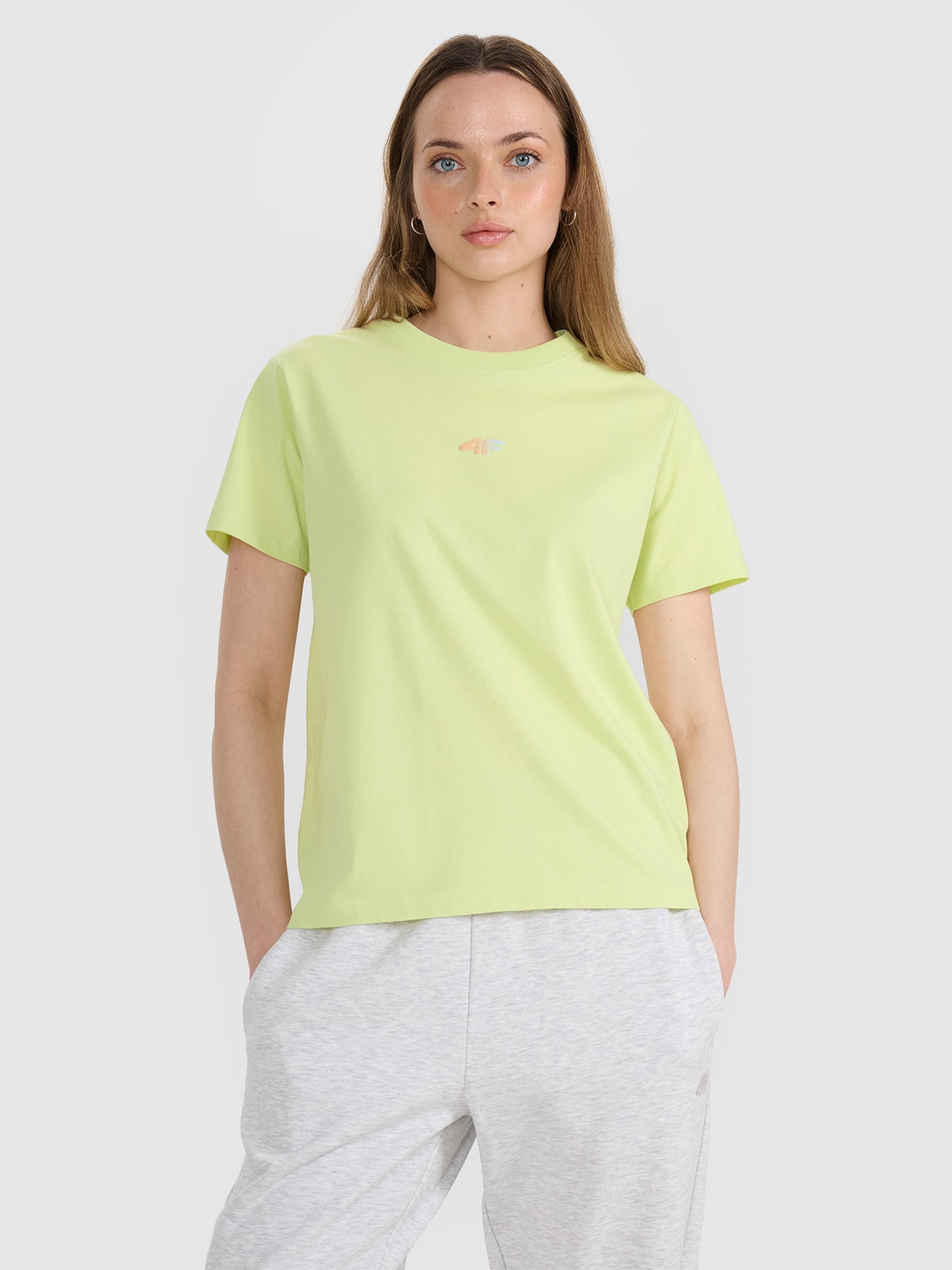 4F T-shirt oversize z nadrukiem damski - żółty S