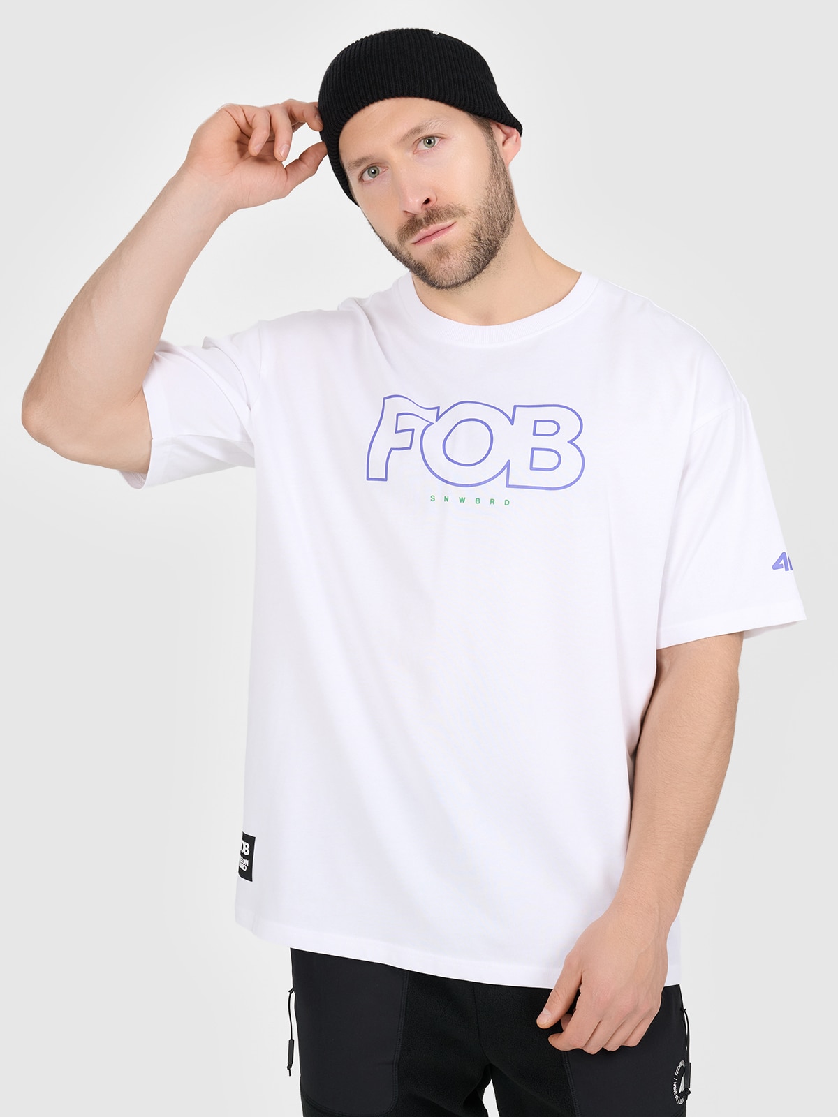4F T-shirt loose z nadrukiem męski - biały S