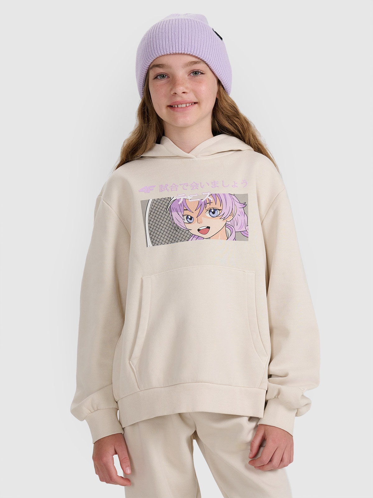 4F Bluza dresowa nierozpinana z kapturem dziewczęca - biała 152 (11-12 lat)