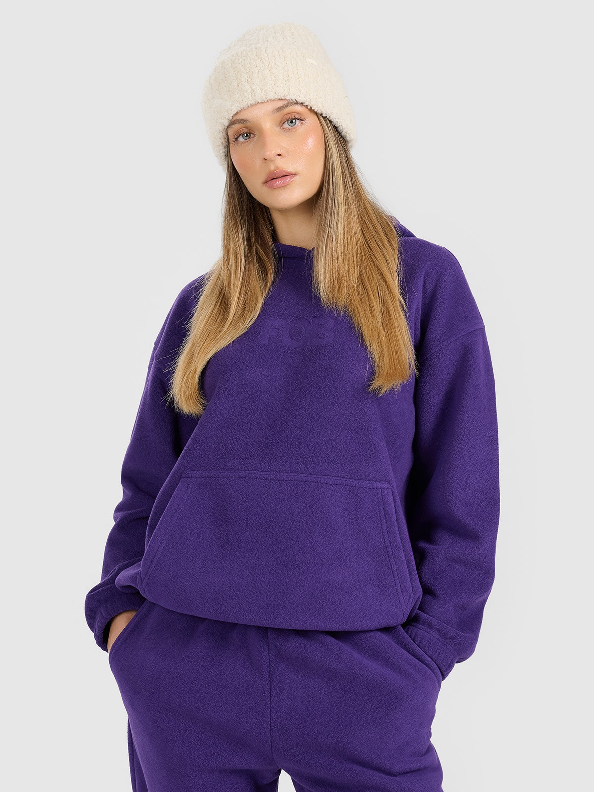 4F Polar loose z kapturem damski - fioletowy L