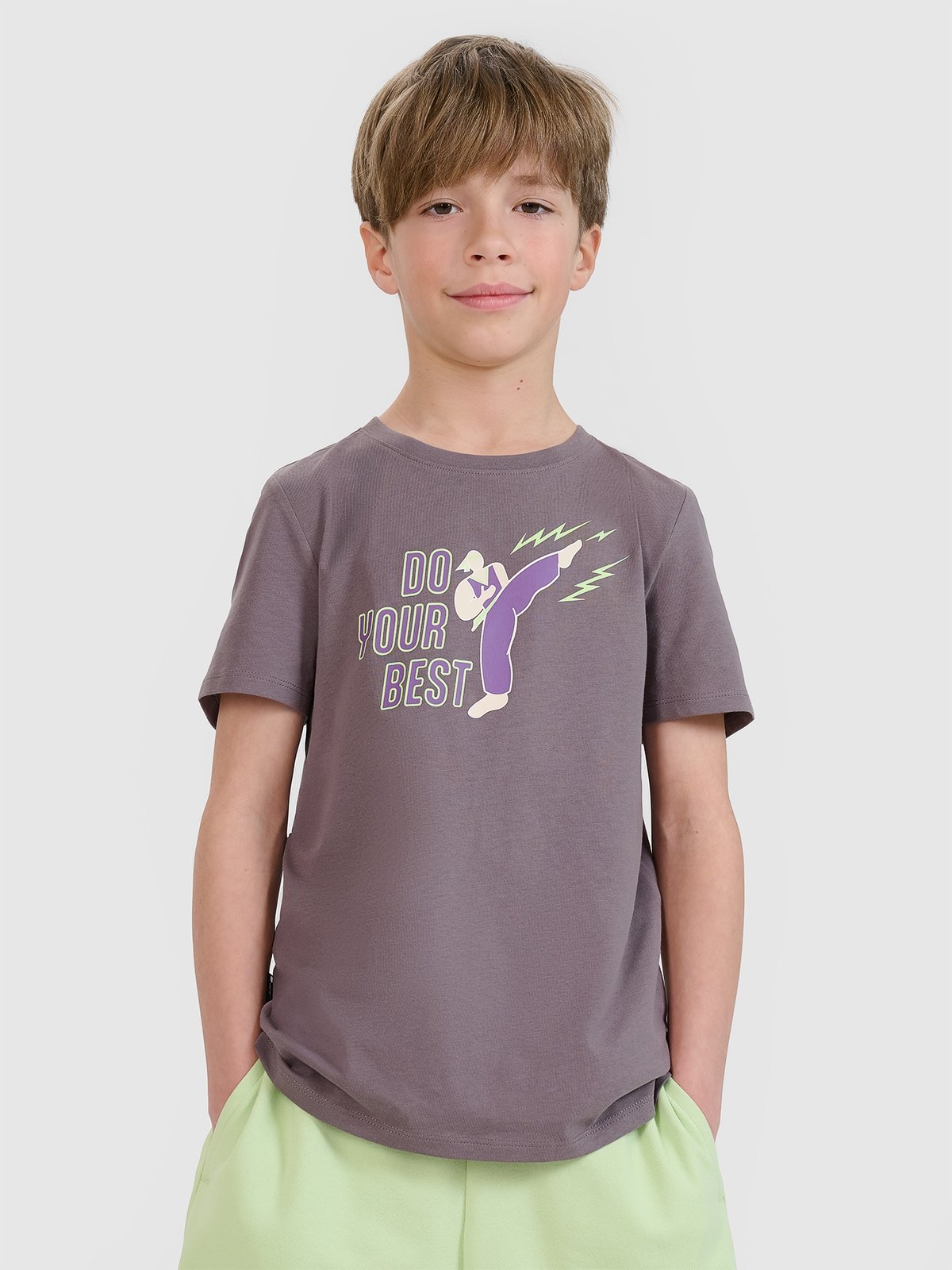 4F T-shirt regular z nadrukiem chłopięcy - szary 128 (7-8 lat)