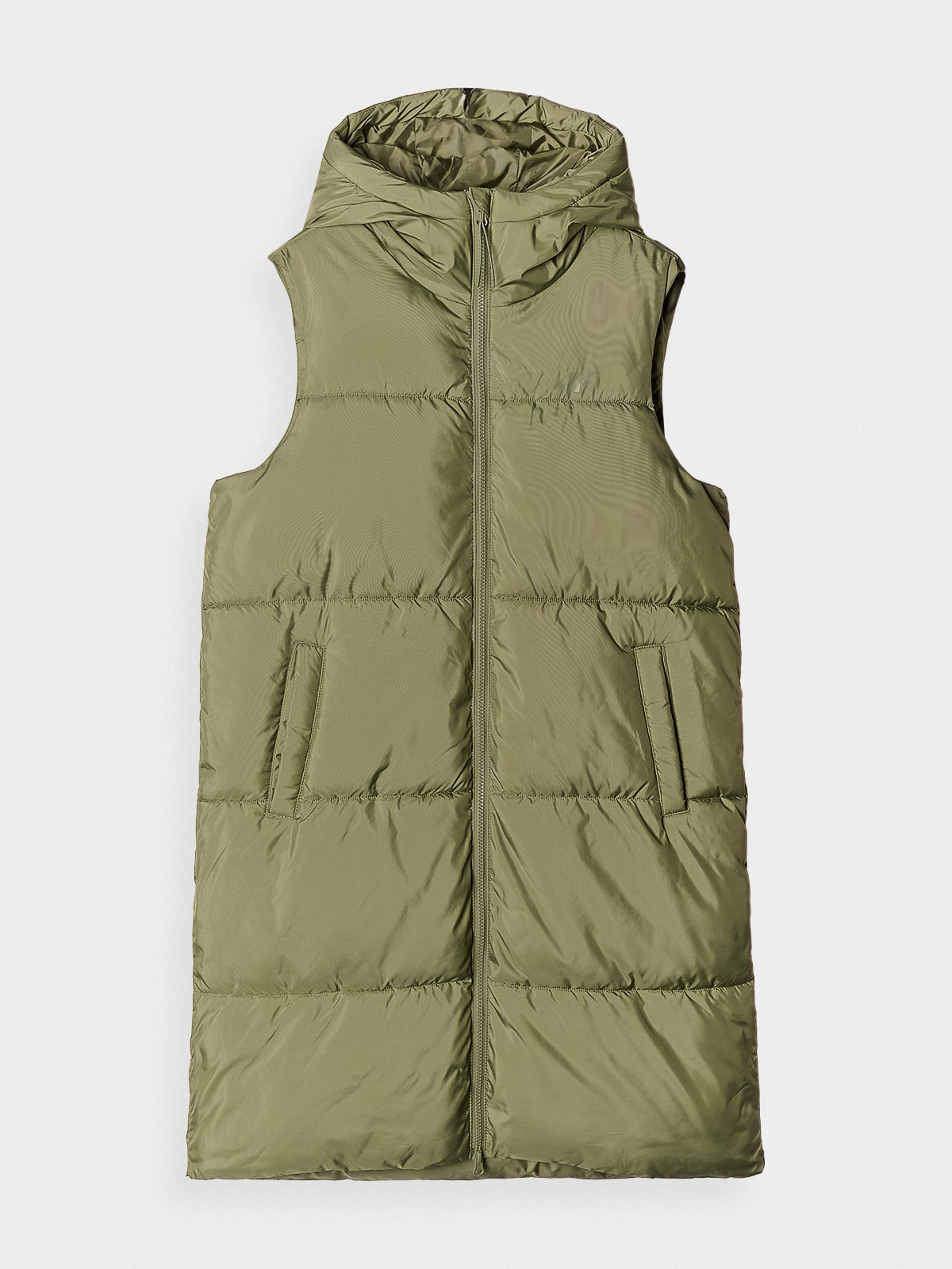 4F Długi bezrękawniki puchowy pikowany z kapturem damski - khaki S