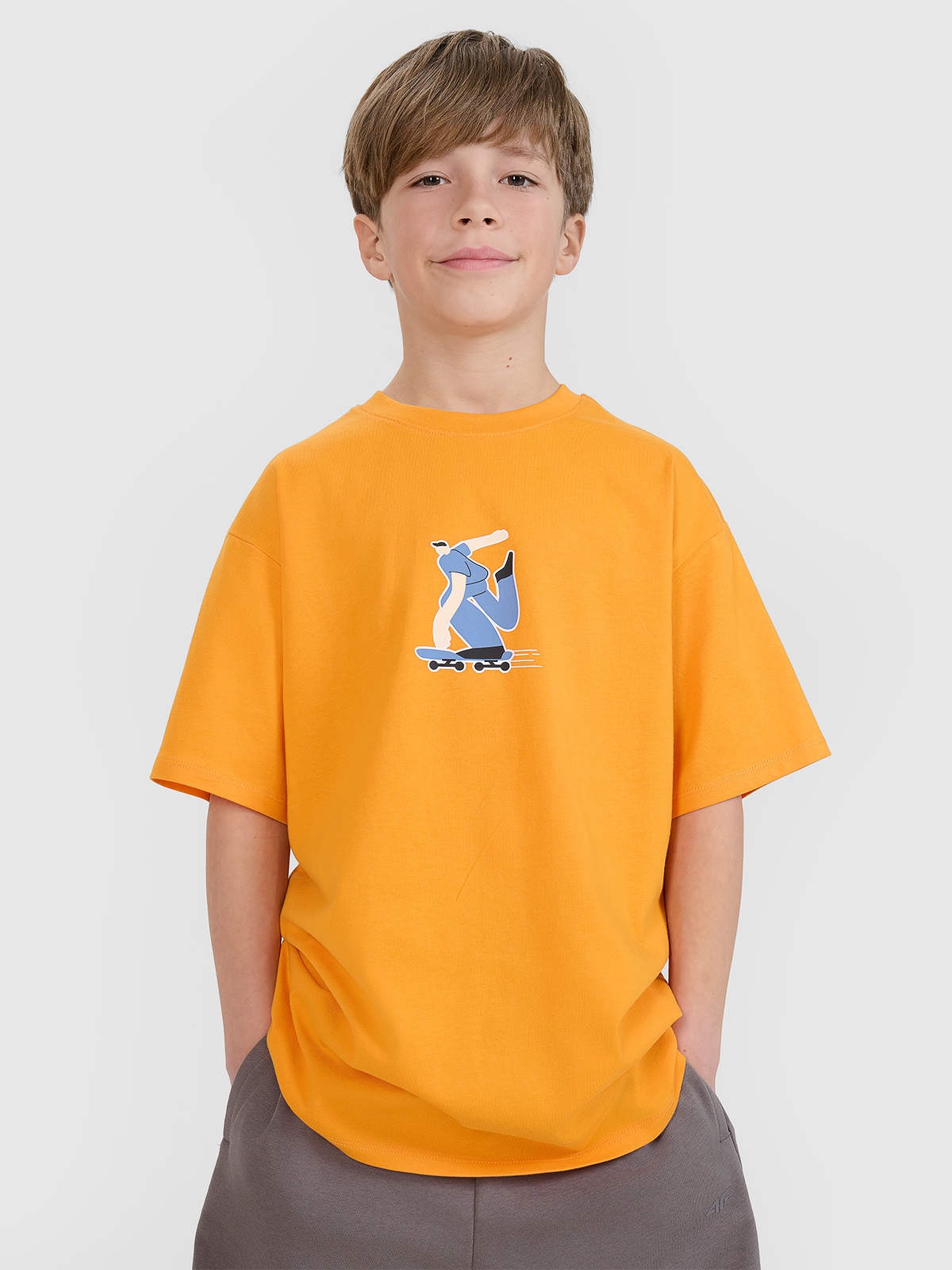 4F T-shirt oversize z nadrukiem chłopięcy - pomarańczowy 164 (13-14 lat)