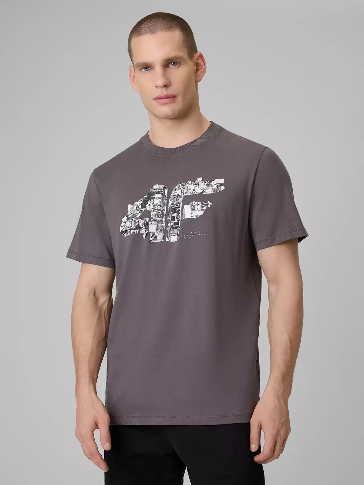 4F T-shirt regular z nadrukiem męski - szary S