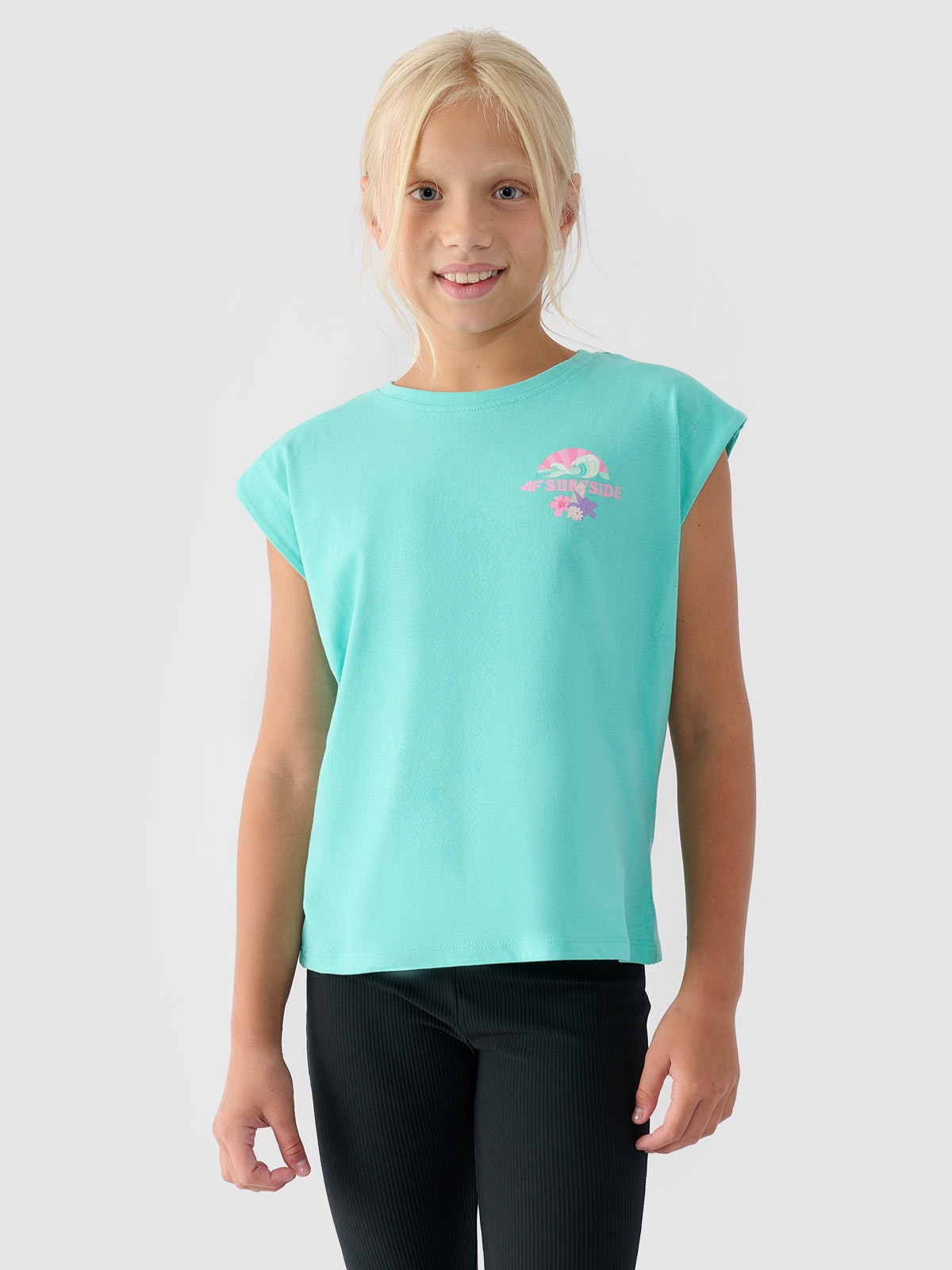 4F Top z nadrukiem dziewczęcy - turkusowy 122 (6-7 lat)