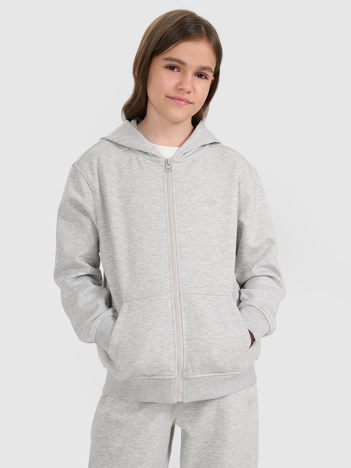 4F Bluza dresowa rozpinana z kapturem dziewczęca - szara 146 (10-11 lat)