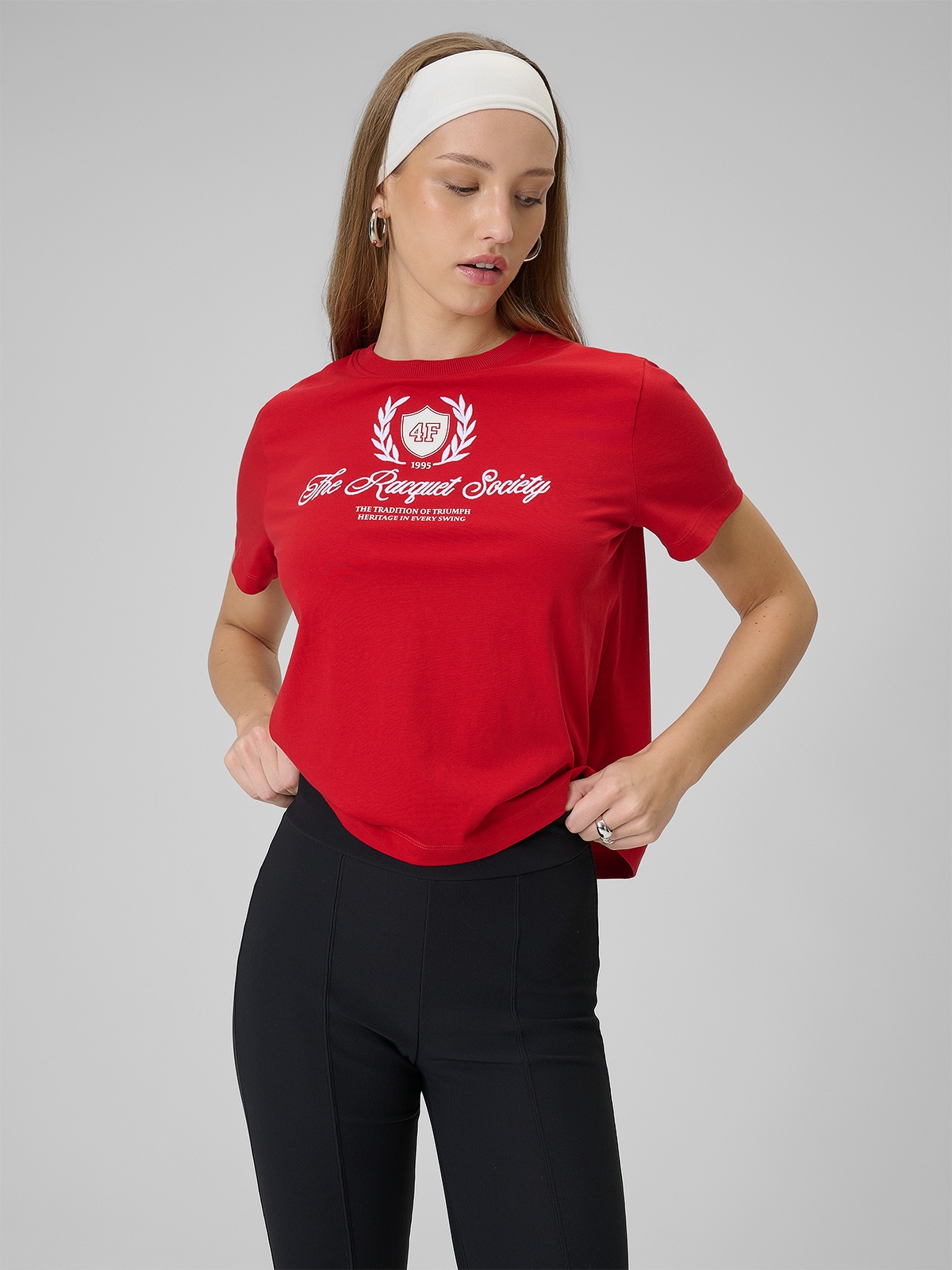 4F T-shirt boxy z nadrukiem damski - czerwony L