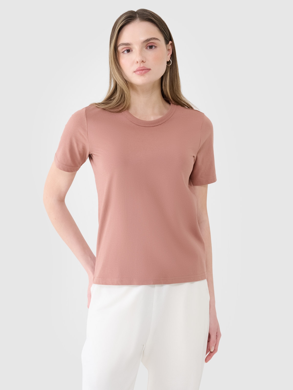 4F T-shirt regular gładki damski - brązowy XS