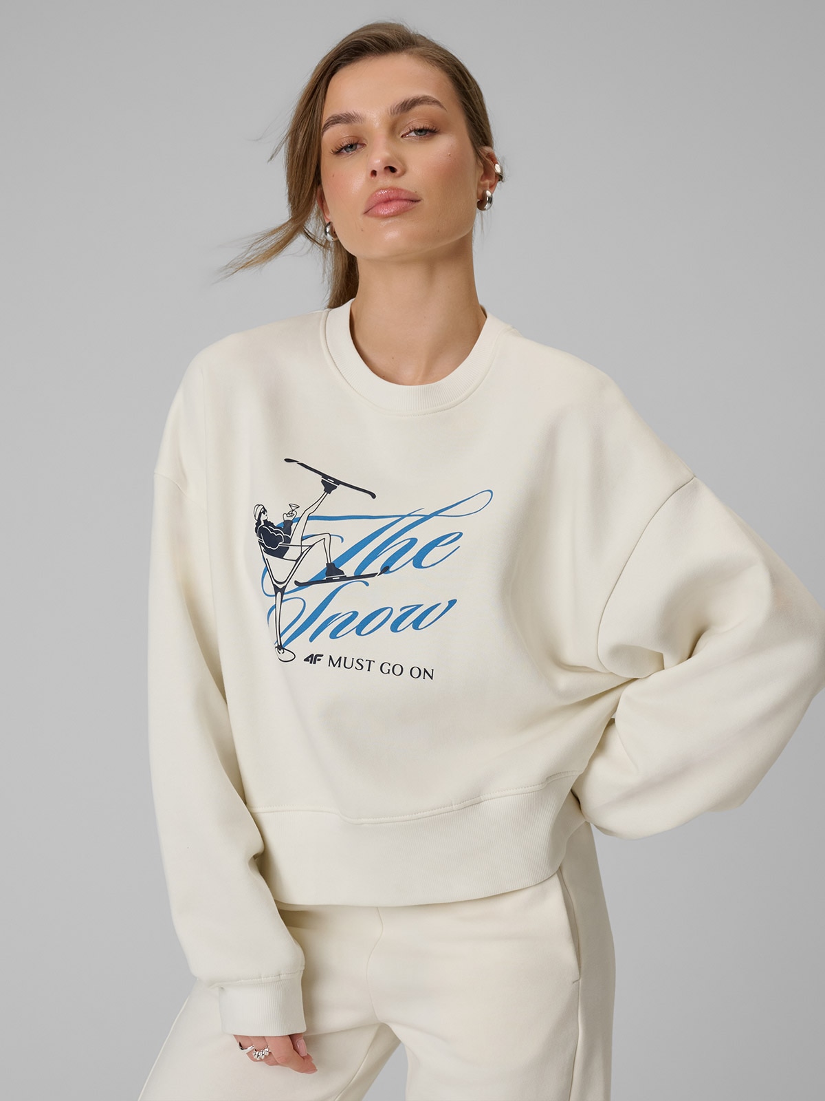 4F Bluza dresowa loose bez kaptura damska - beżowa M