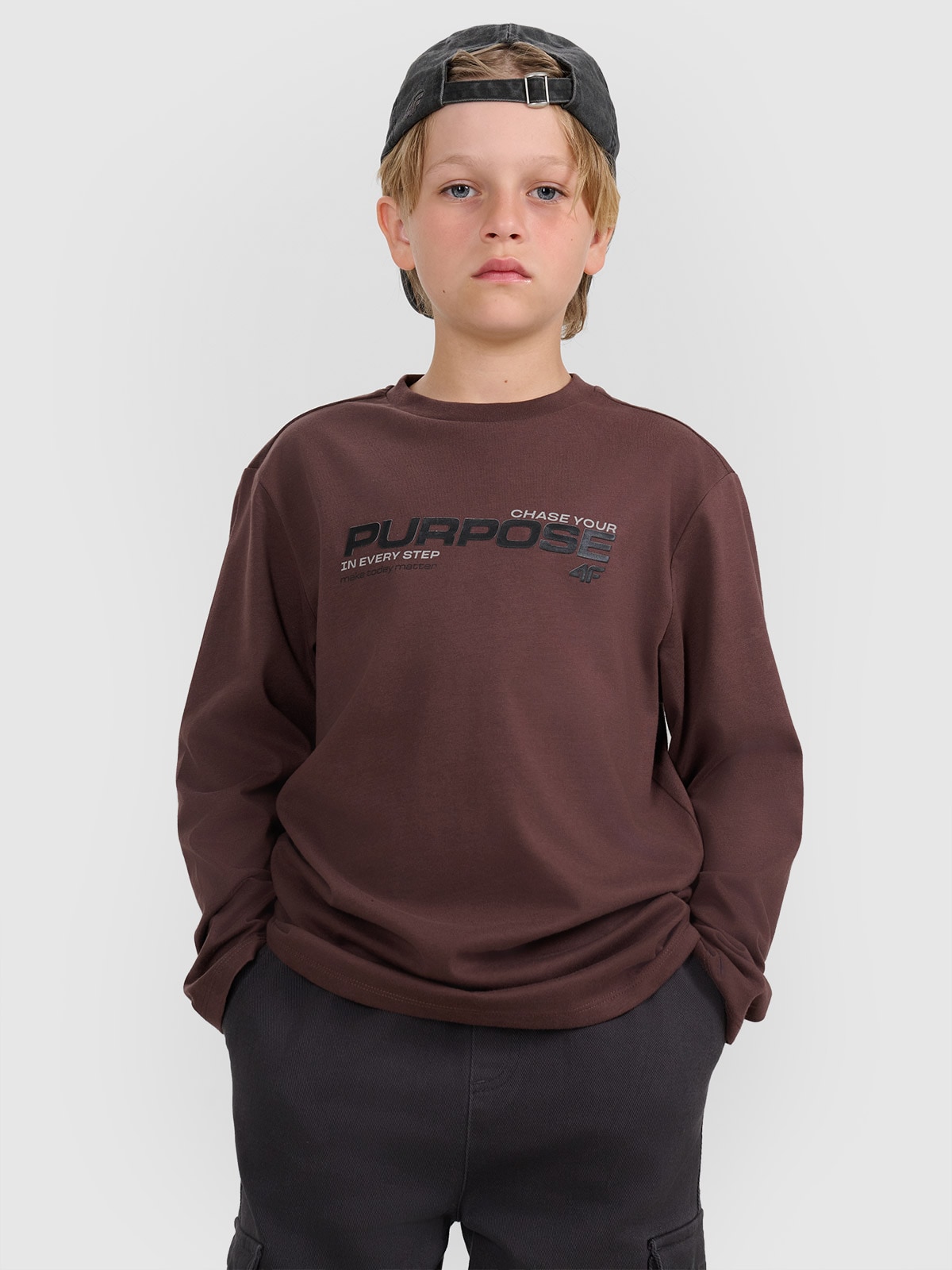 4F Longsleeve regular z nadrukiem chłopięcy - brązowy 146 (10-11 lat)