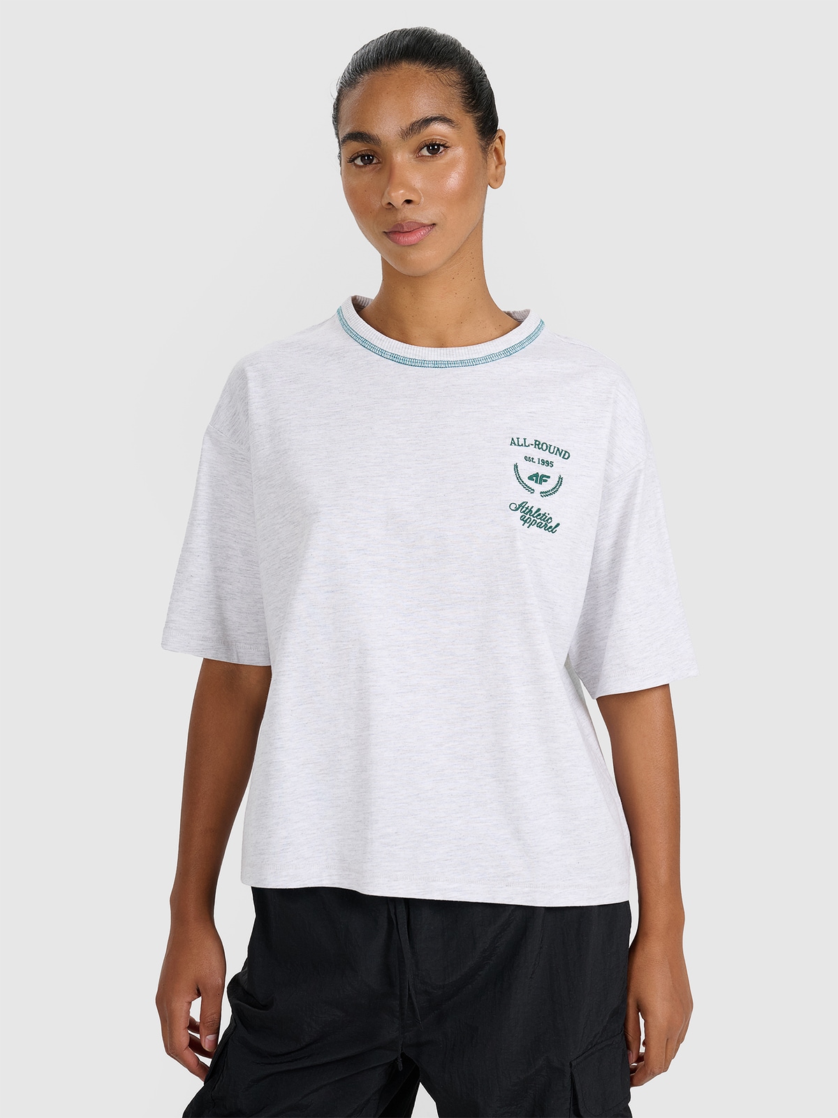4F T-shirt oversize z nadrukiem damski - szary S