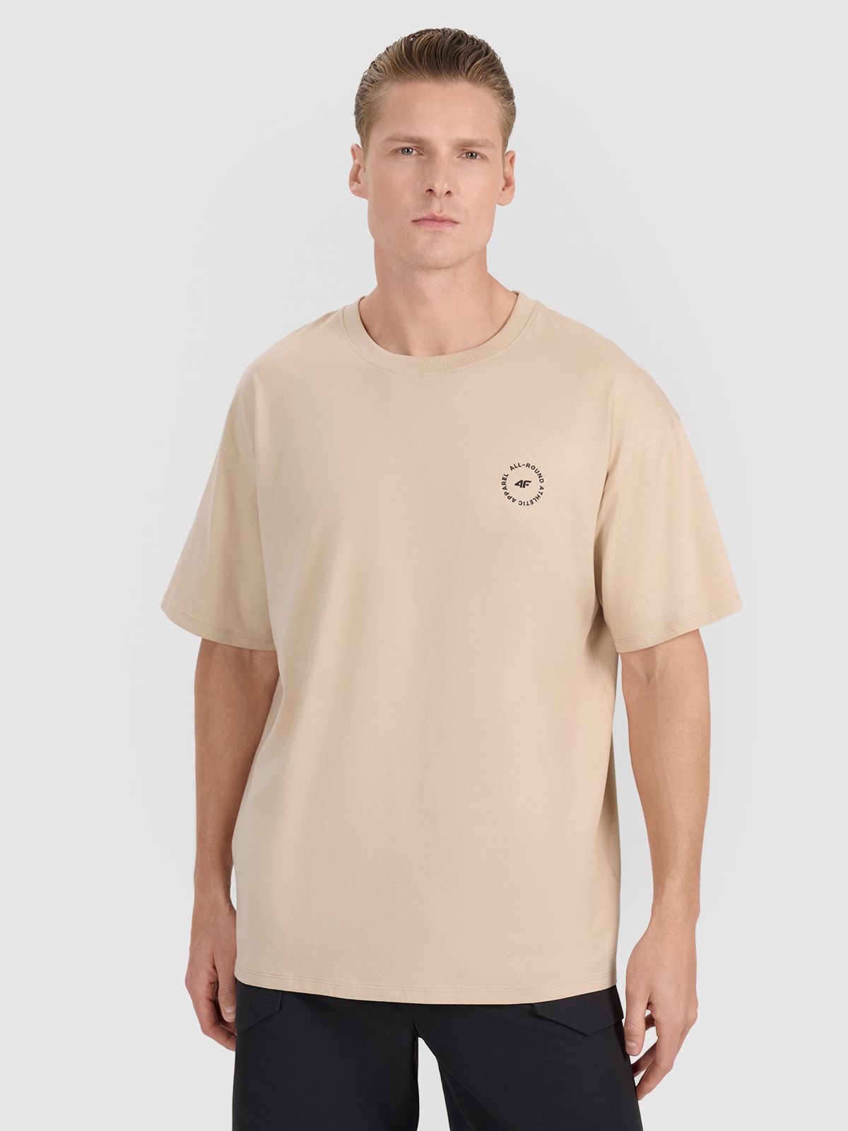 4F T-shirt oversize z nadrukiem męski - beżowy XXL