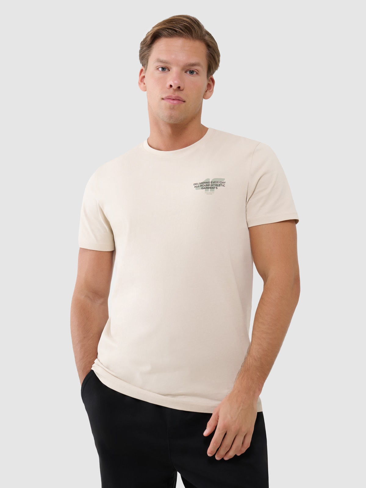 4F T-shirt regular z nadrukiem męski - beżowy XXL