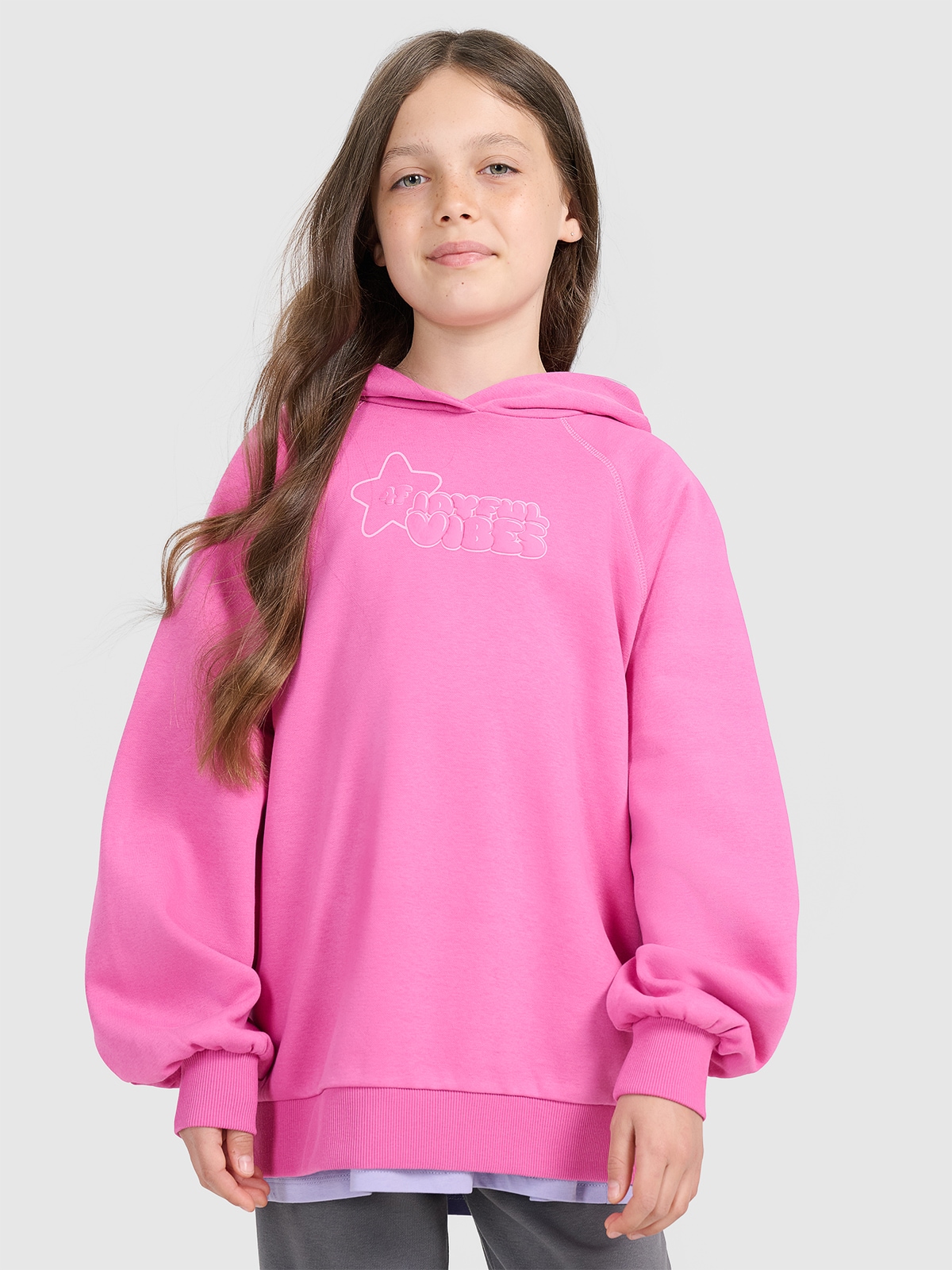 4F Bluza dresowa nierozpinana z kapturem dziewczęca - różowa 152 (11-12 lat)