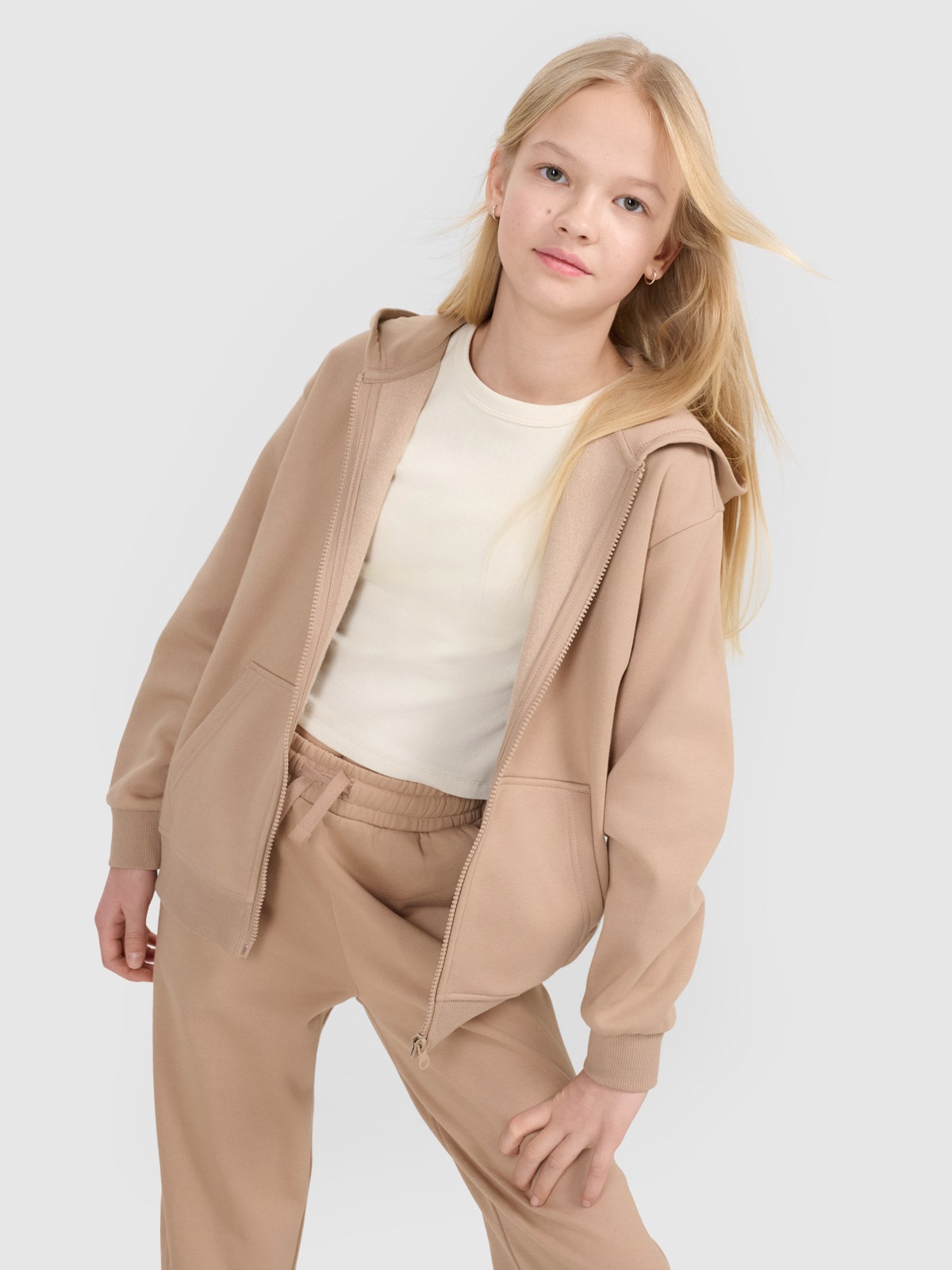 4F Bluza dresowa rozpinana z kapturem dziewczęca - beżowa 152 (11-12 lat)