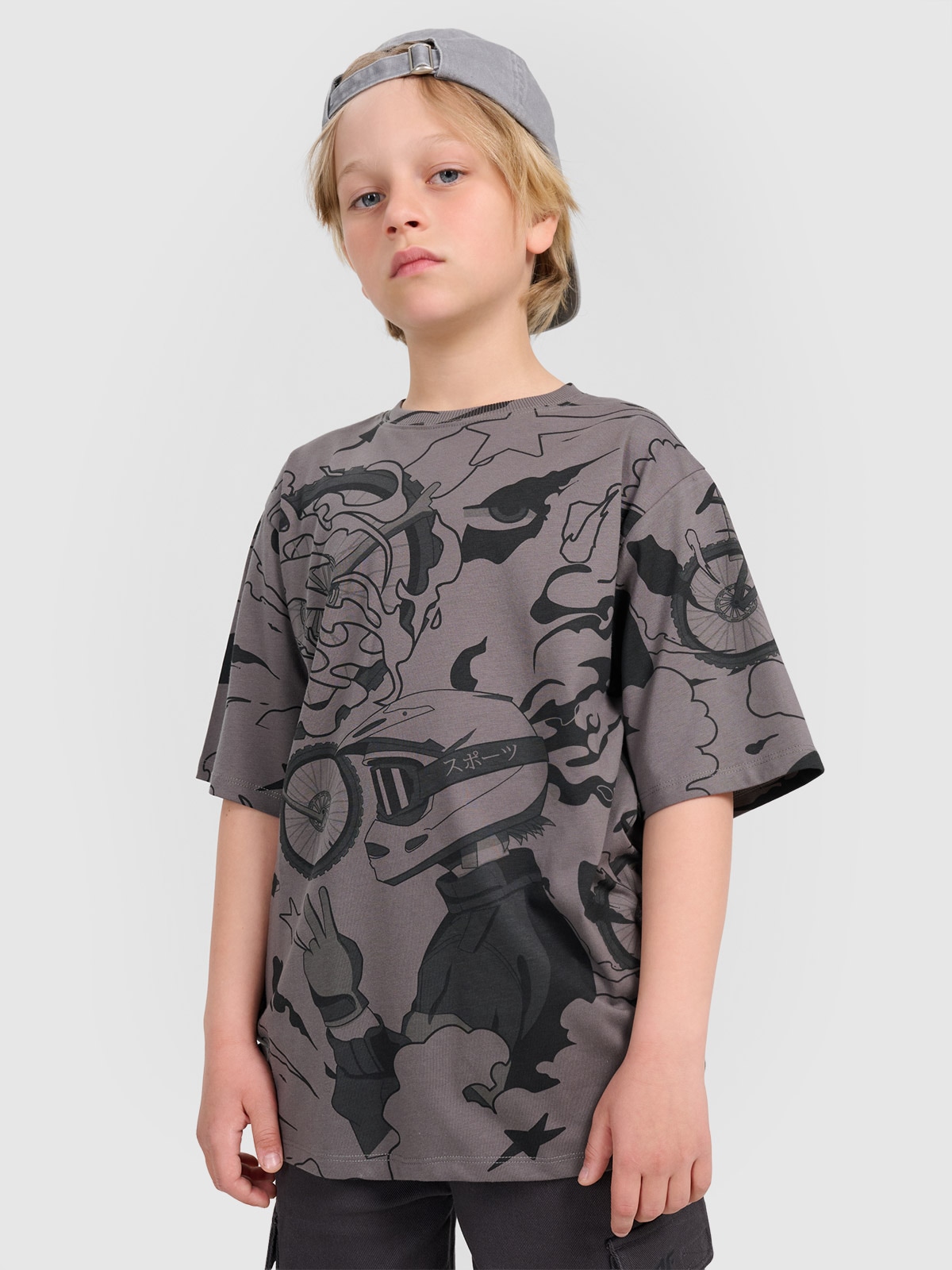 4F T-shirt oversize z nadrukiem chłopięcy - szary 128 (7-8 lat)