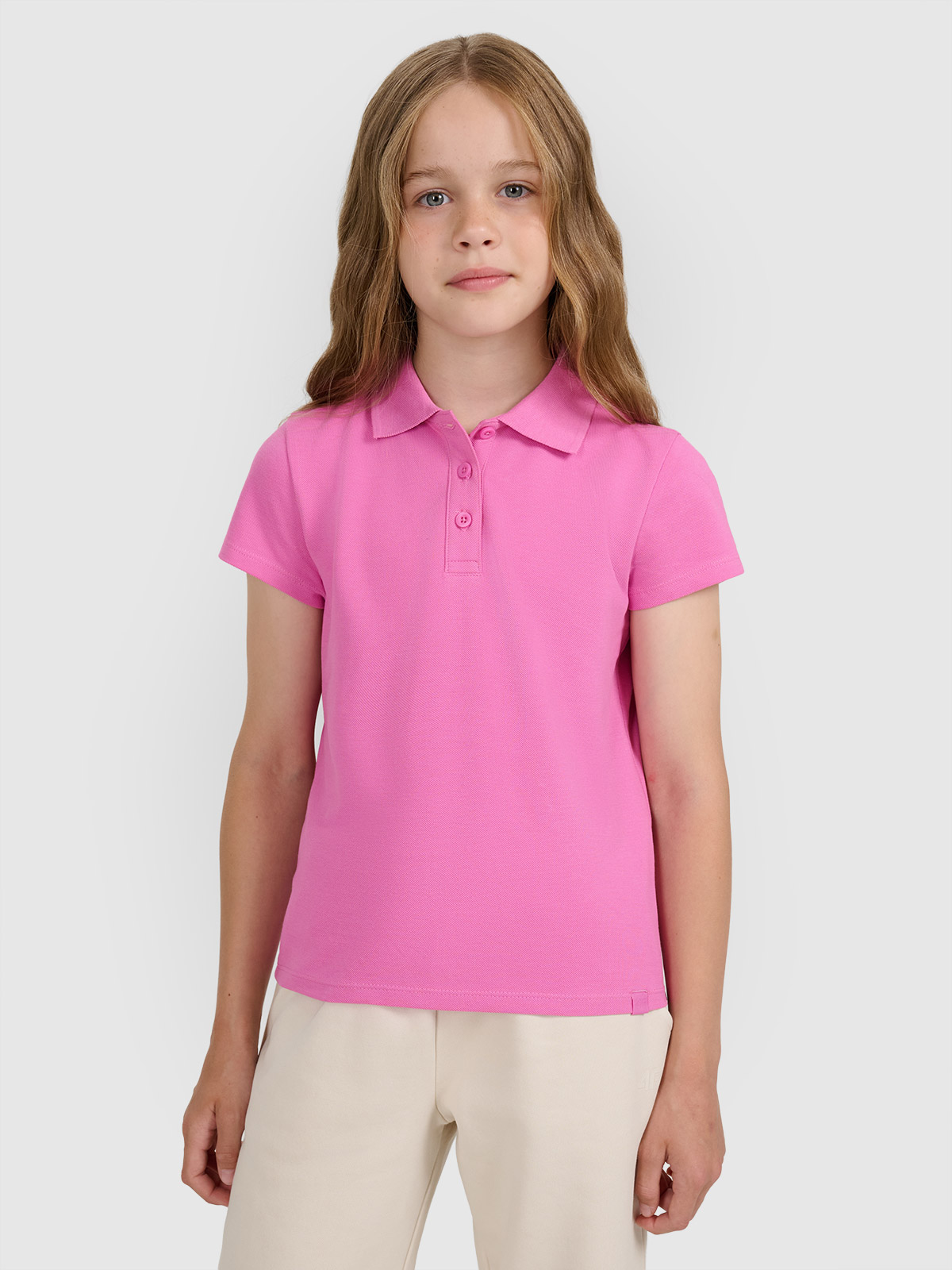 4F Koszulka polo slim dziewczęca - różowa 140 (9-10 lat)