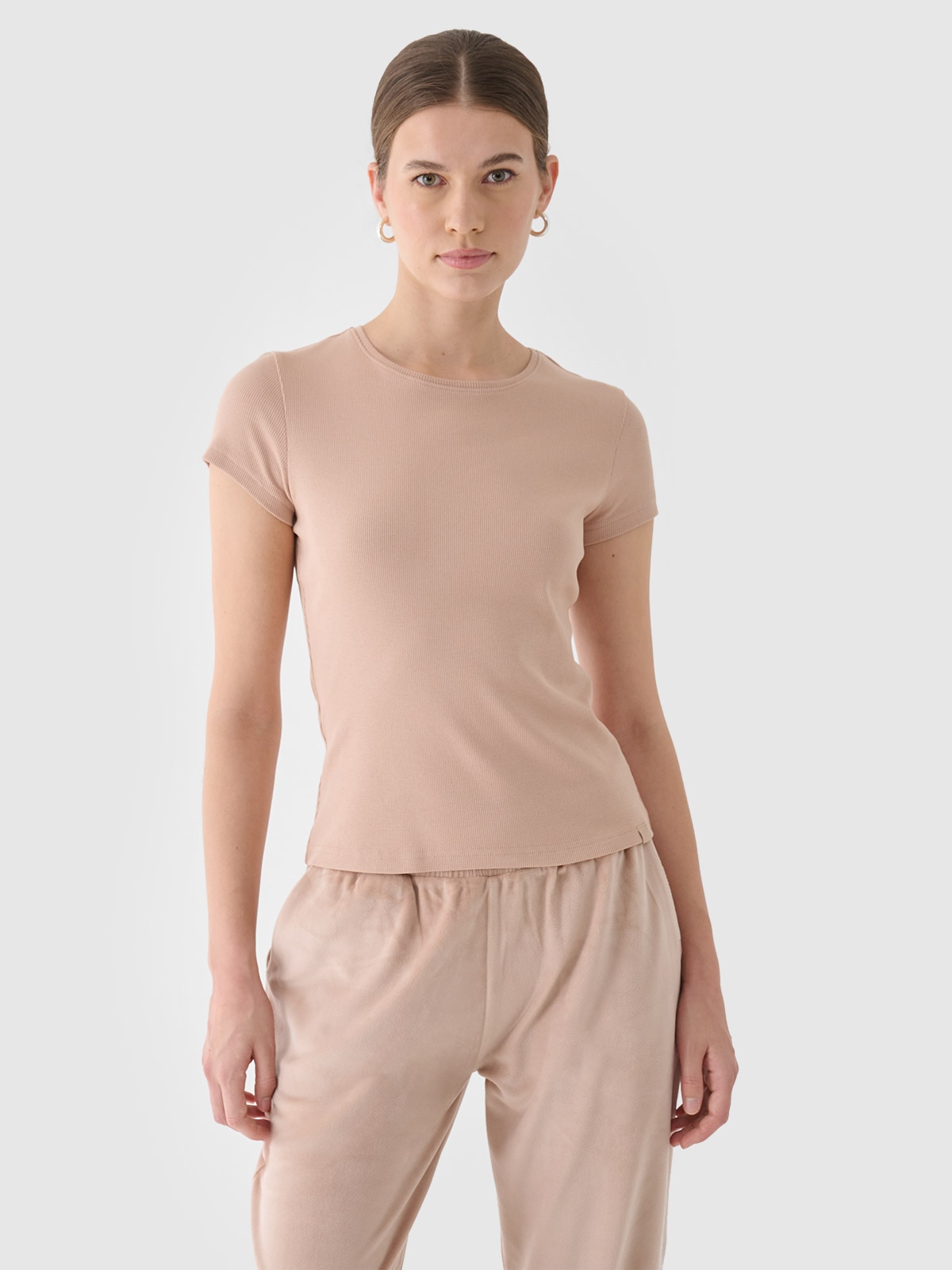 4F T-shirt slim gładki damski - beżowy L