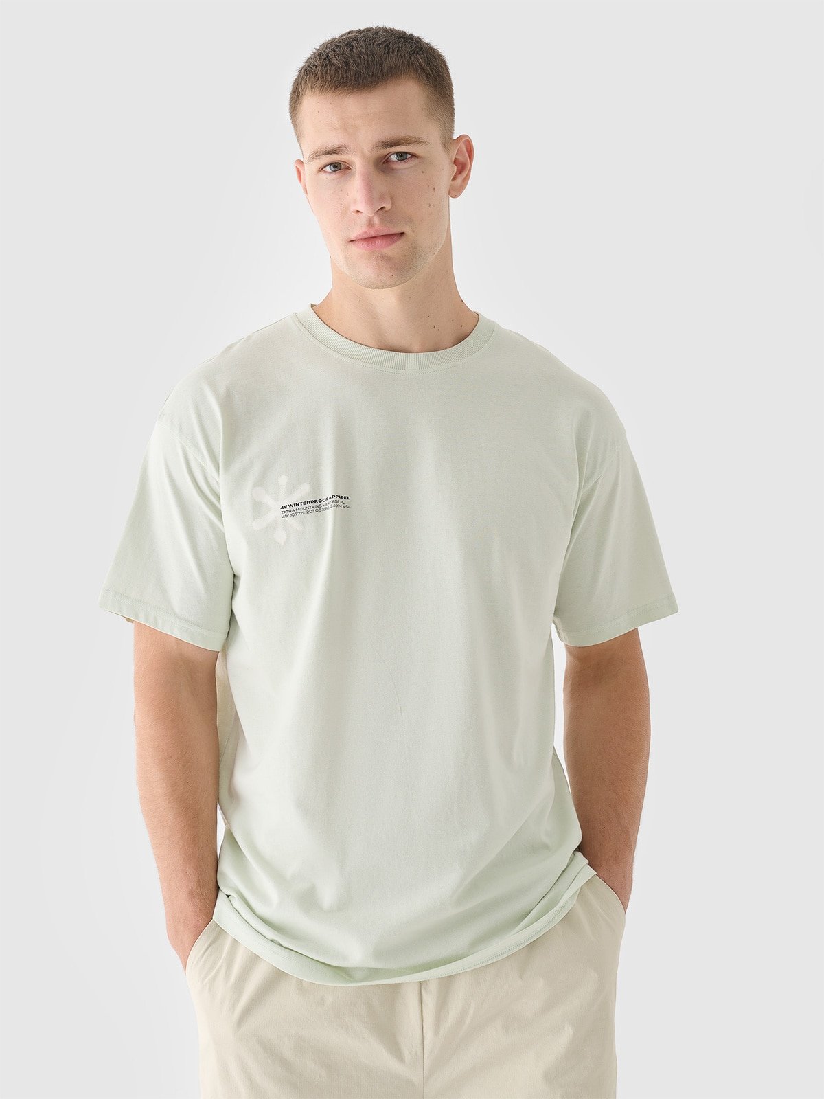 4F T-shirt oversize z nadrukiem męski - turkusowy S