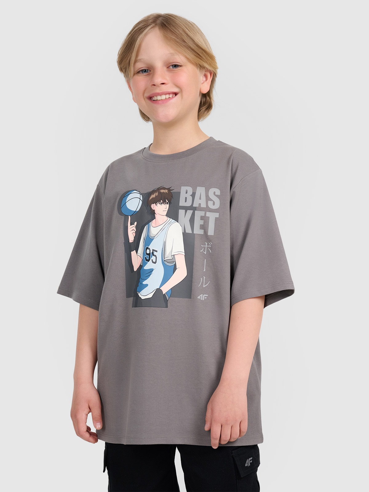 4F T-shirt oversize z nadrukiem chłopięcy - szary 140 (9-10 lat)