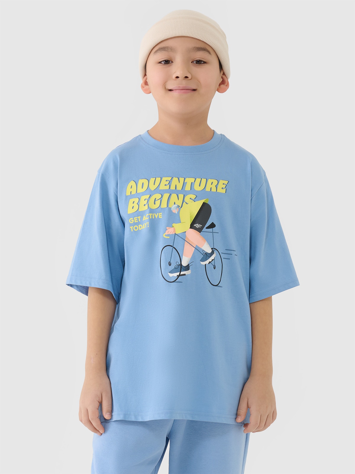 4F T-shirt oversize z nadrukiem chłopięcy - niebieski 140 (9-10 lat)