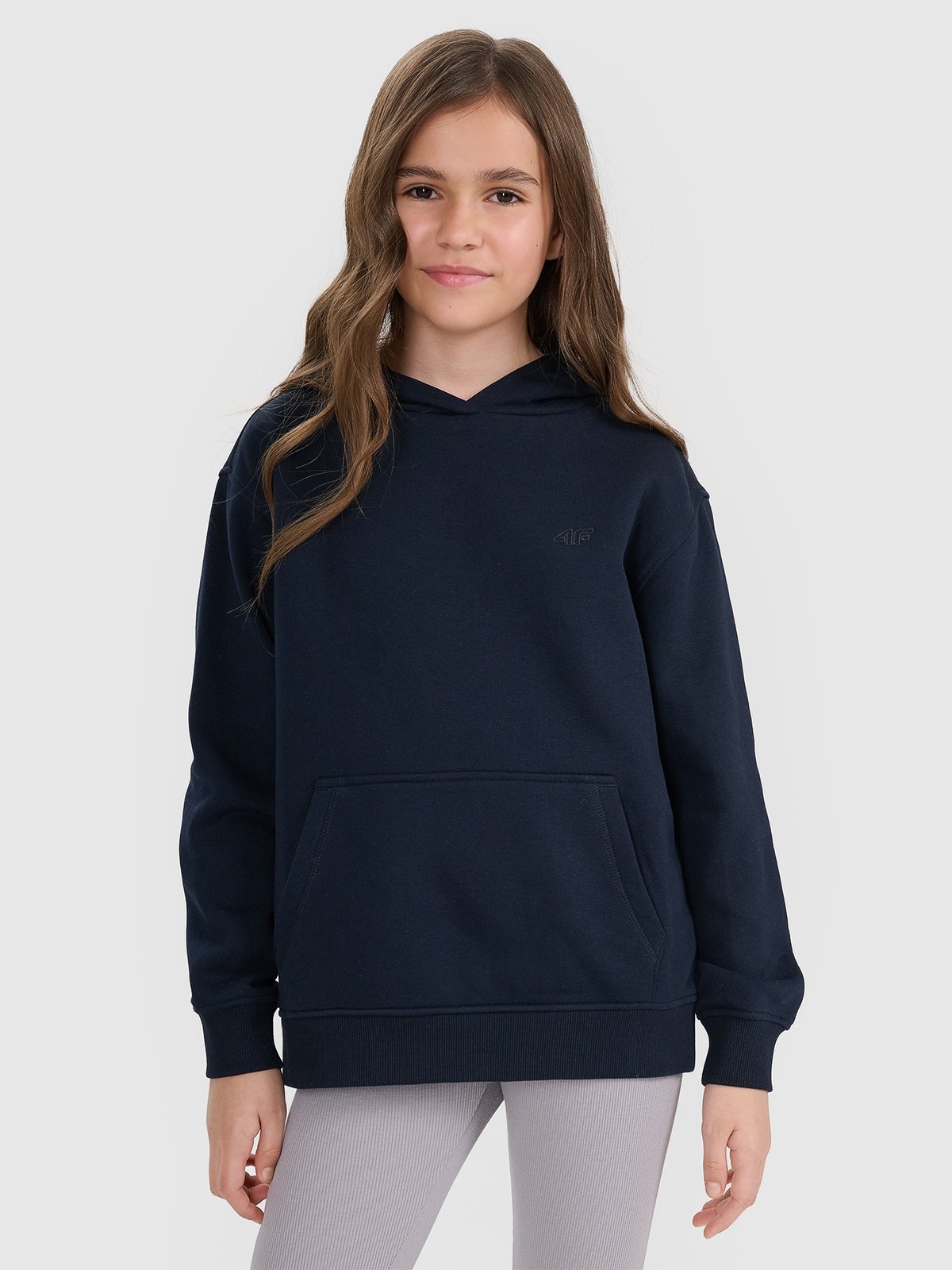 4F Bluza dresowa nierozpinana z kapturem dziewczęca - granatowa 128 (7-8 lat)