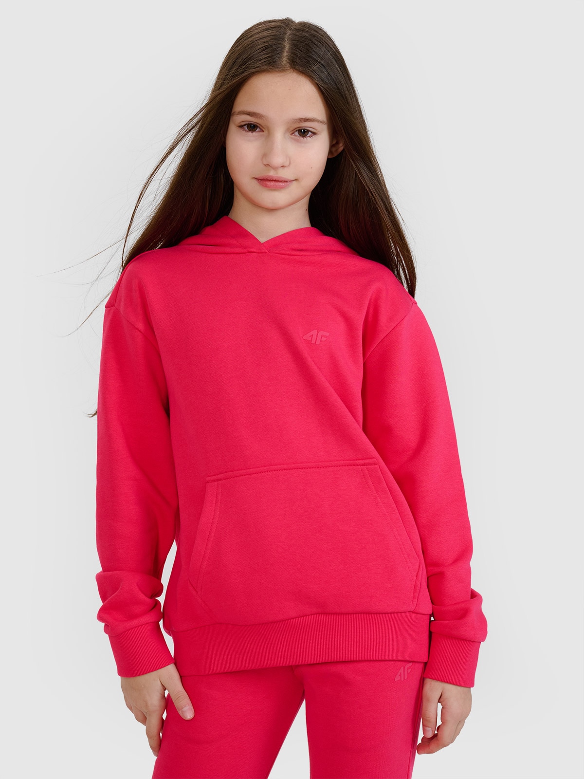 4F Bluza dresowa nierozpinana z kapturem dziewczęca - różowa 128 (7-8 lat)