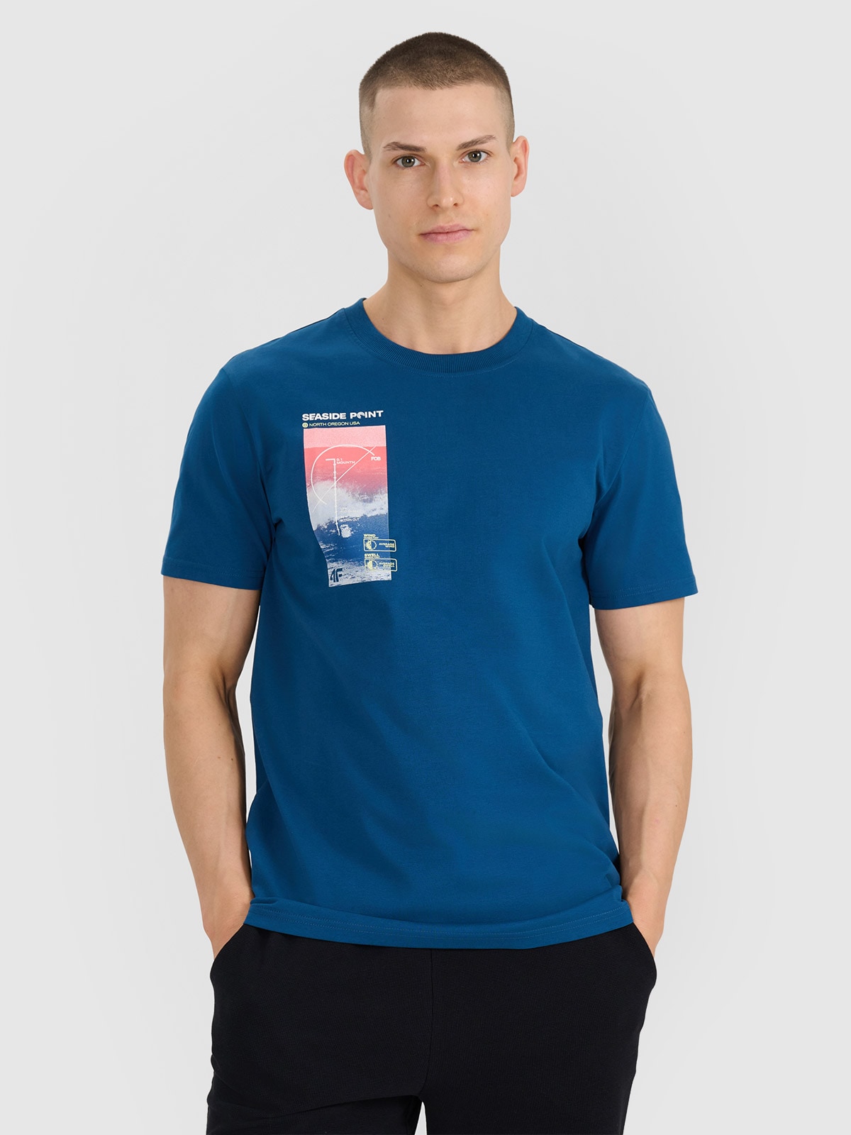 4F T-shirt regular z nadrukiem męski - turkusowy S