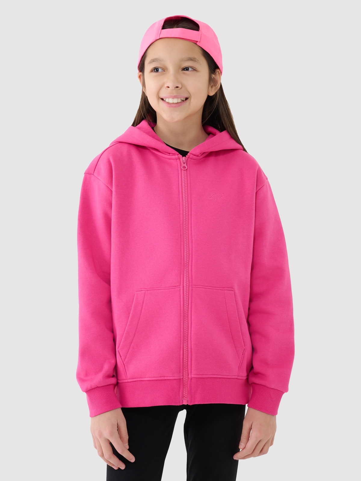 4F Bluza dresowa rozpinana z kapturem dziewczęca - różowa 140 (9-10 lat)