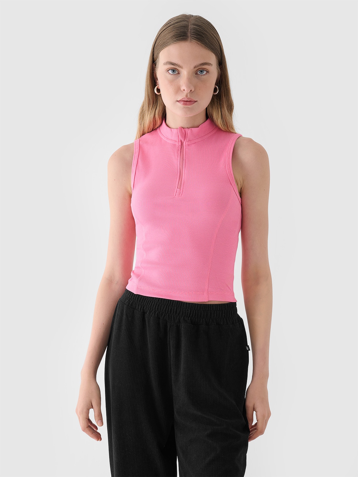 4F Top slim z prążkowanej dzianiny damski - różowy XL