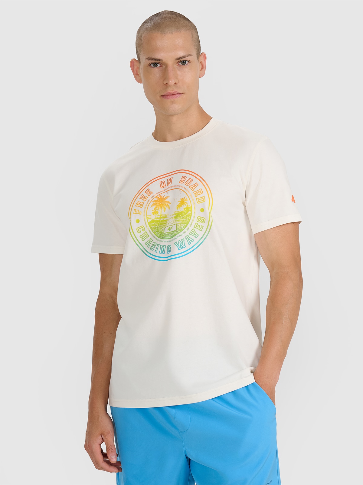 4F T-shirt regular z nadrukiem męski - beżowy M