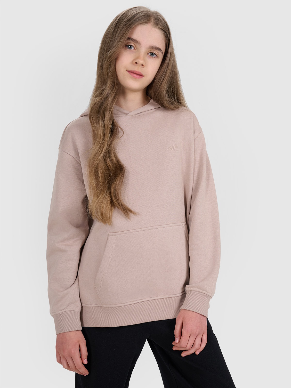 4F Bluza dresowa nierozpinana z kapturem dziewczęca - beżowa 152 (11-12 lat)
