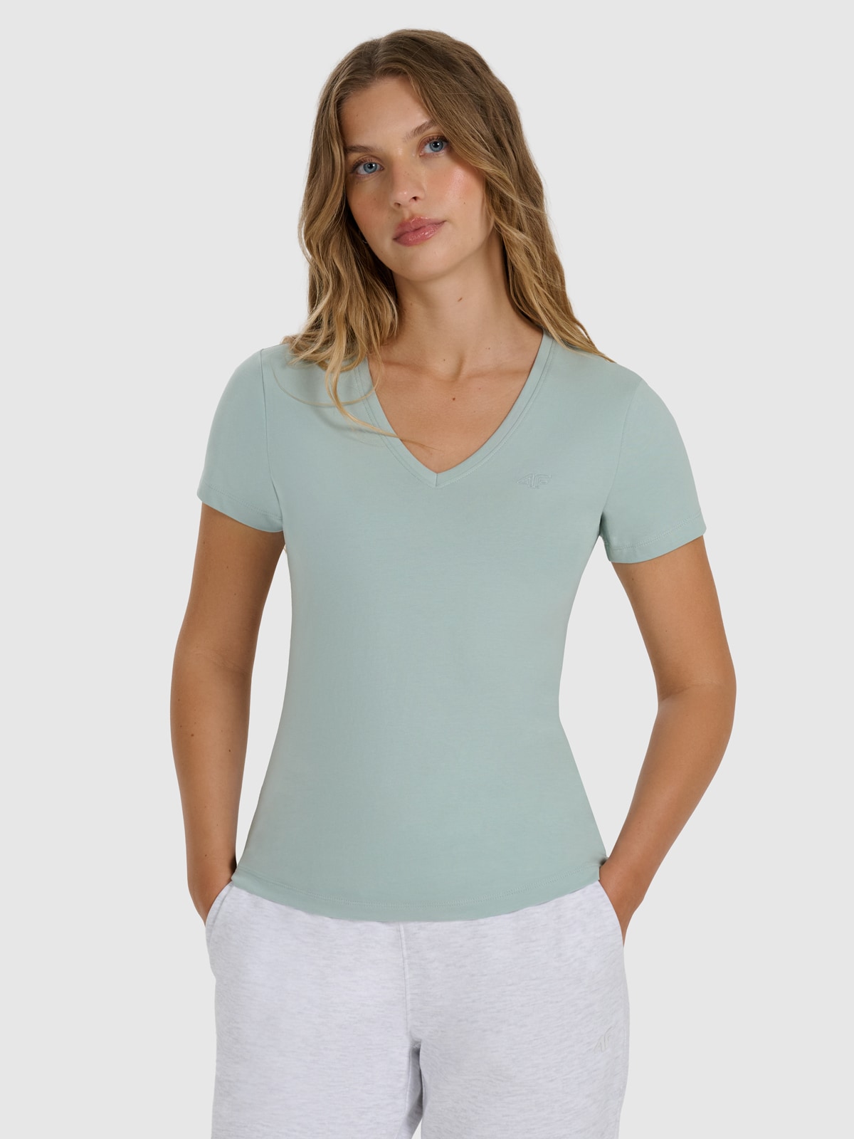 4F T-shirt slim gładki damski - turkusowy XS