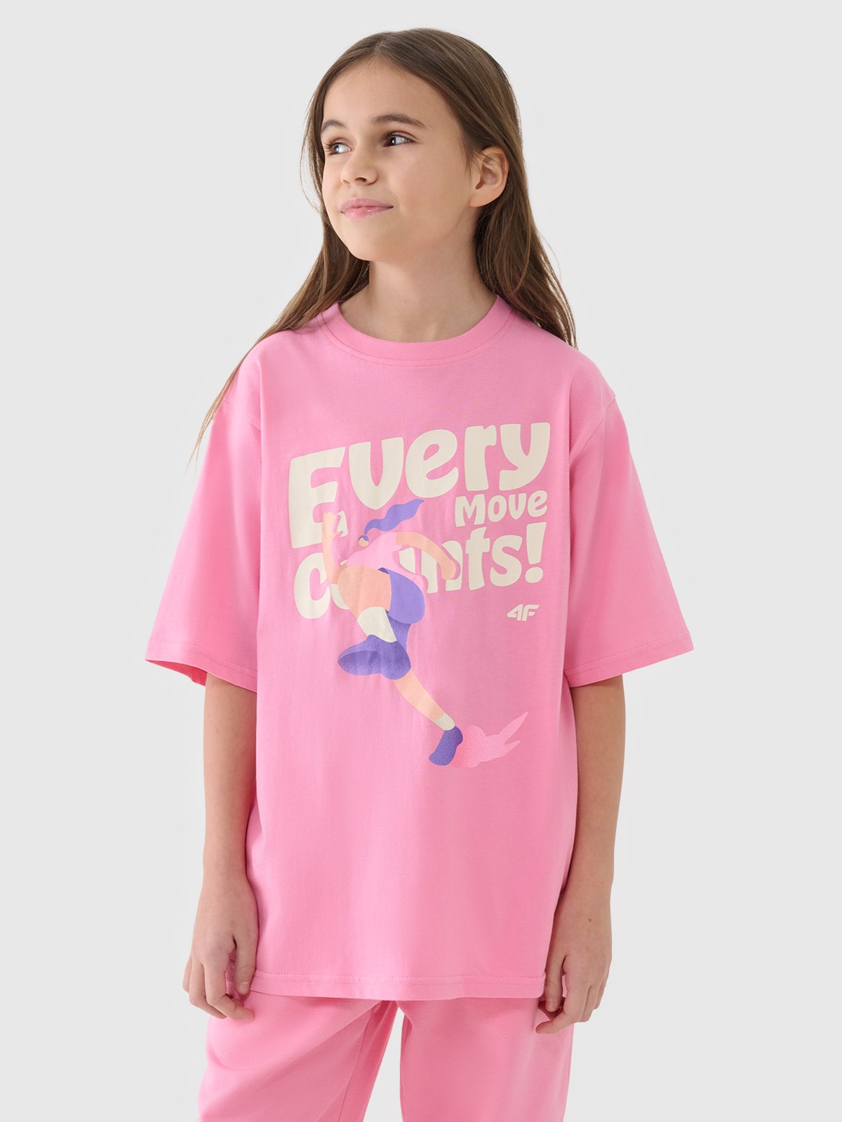 4F T-shirt oversize z nadrukiem dziewczęcy - różowy 158 (12-13 lat)