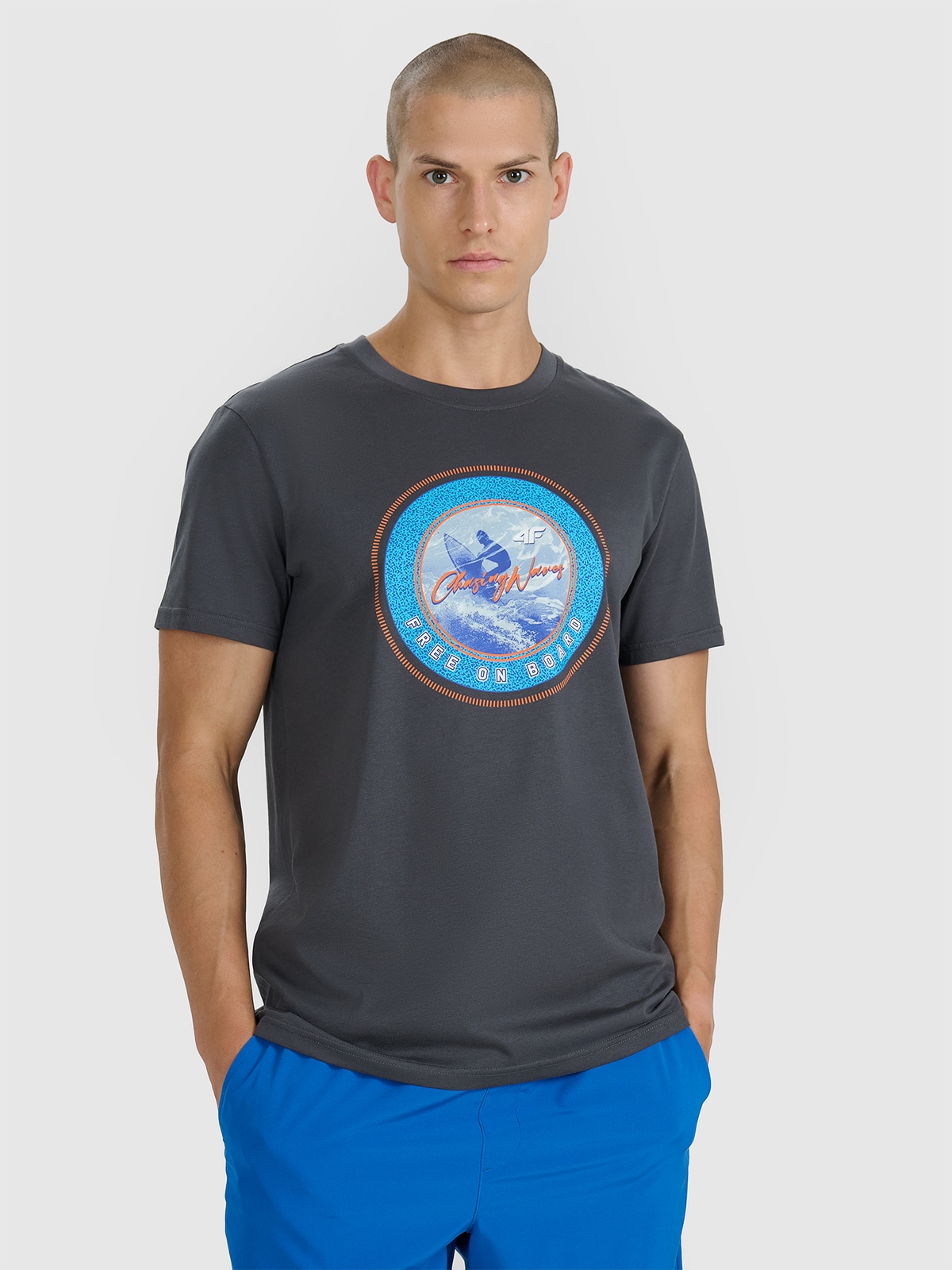 4F T-shirt regular z nadrukiem męski - szary L