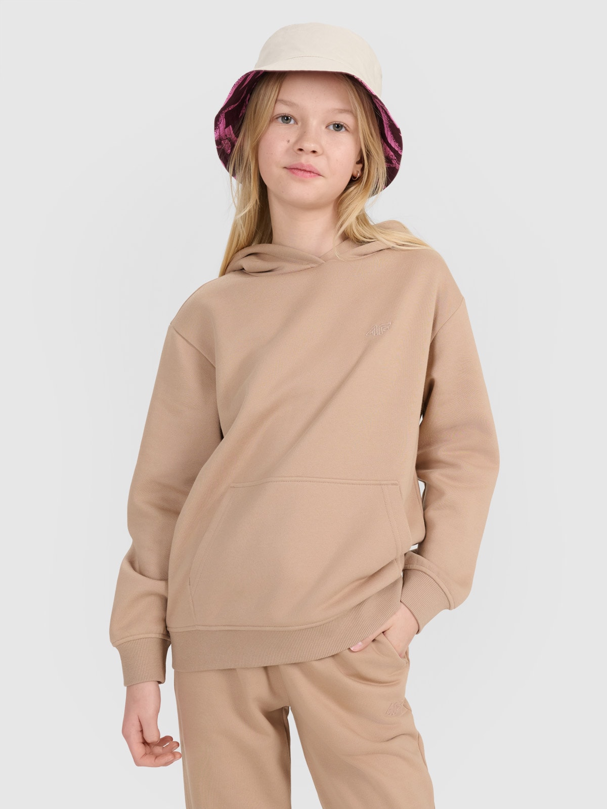 4F Bluza dresowa nierozpinana z kapturem dziewczęca - beżowa 164 (13-14 lat)
