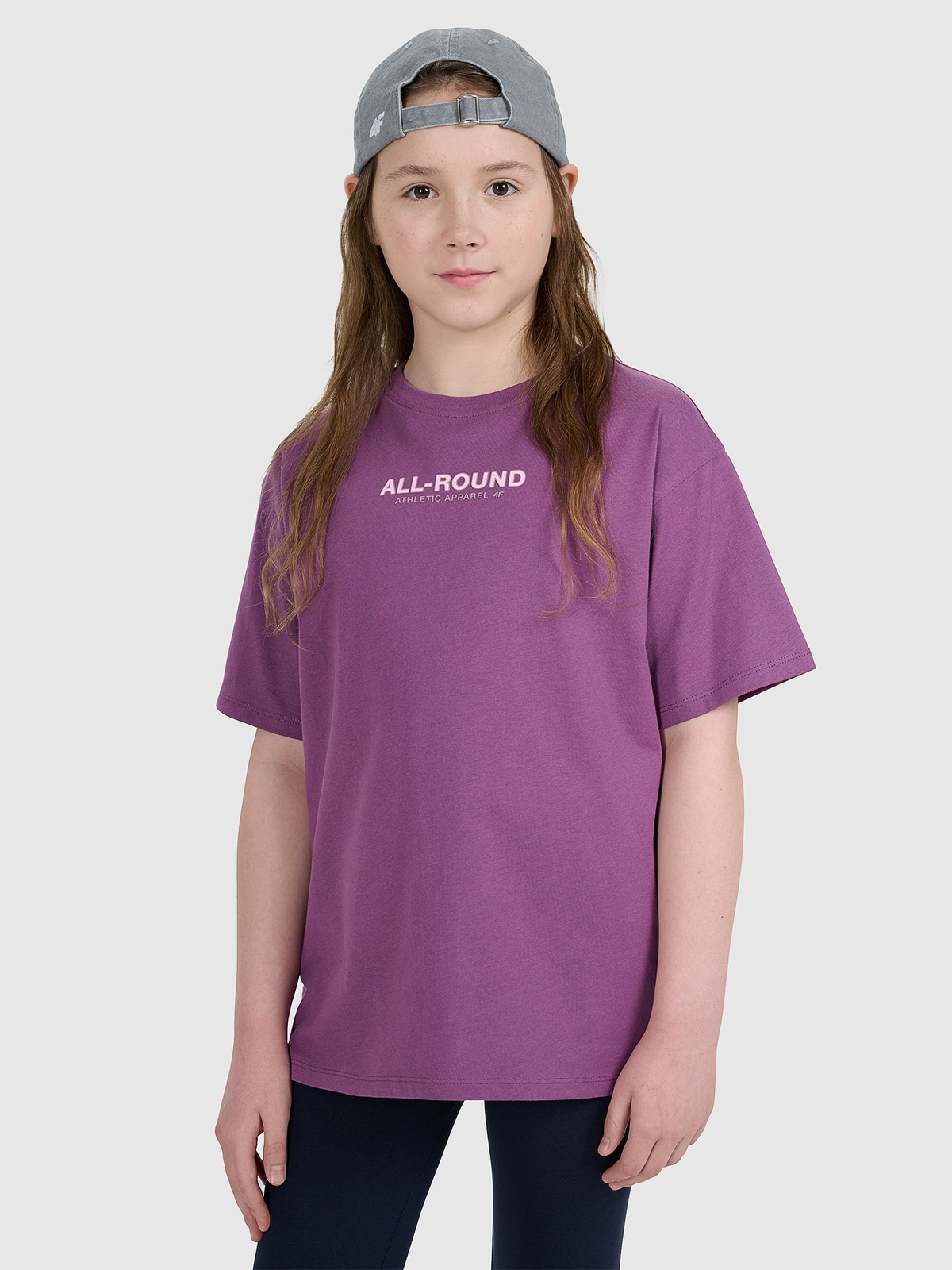 4F T-shirt oversize z nadrukiem dziewczęcy - fioletowy 164 (13-14 lat)