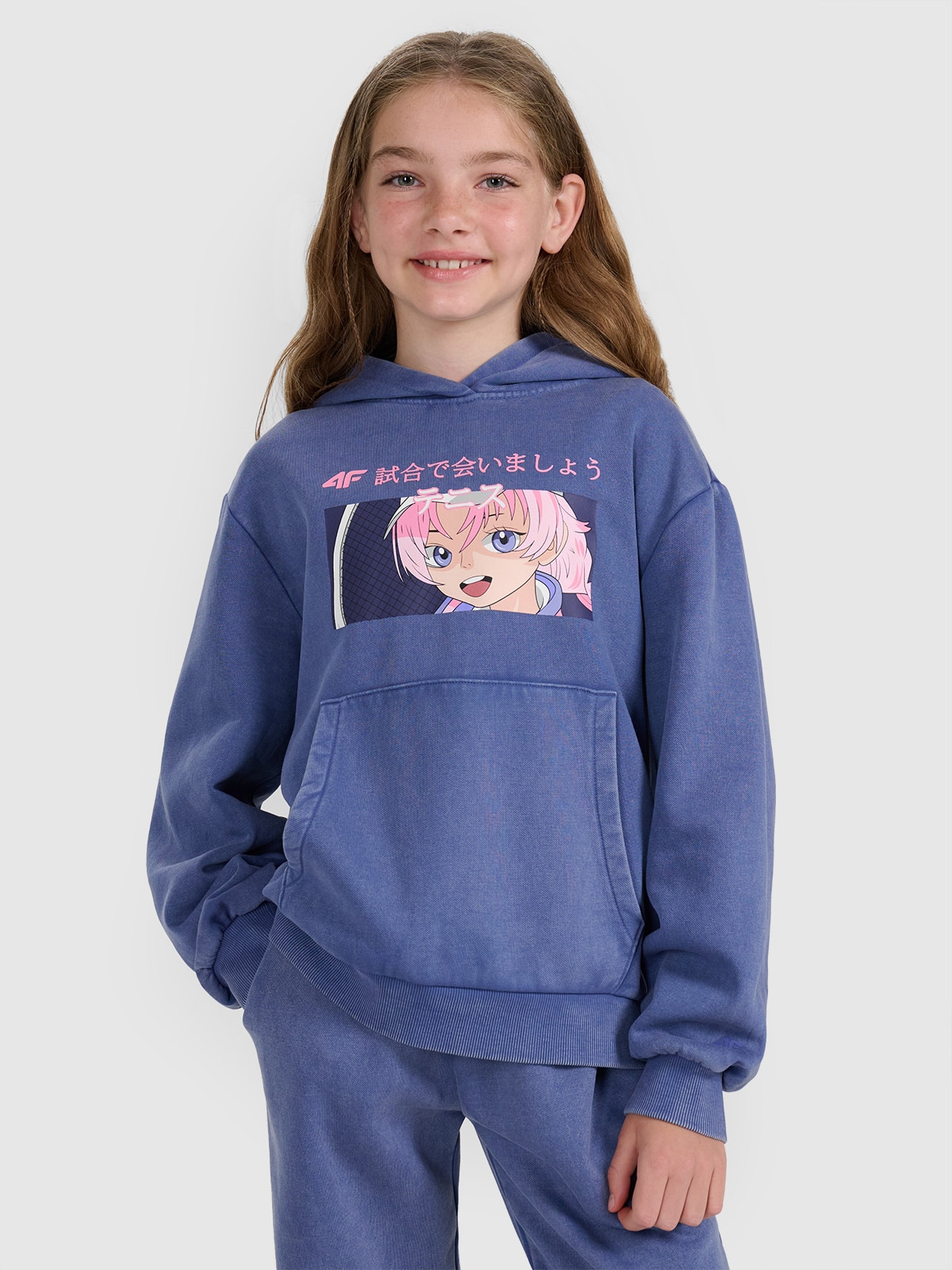 4F Bluza dresowa nierozpinana z kapturem dziewczęca - niebieska 134 (8-9 lat)