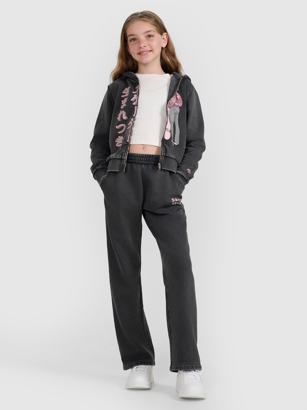 4F Spodnie dresowe z szerokimi nogawkami dziewczęce - szare 164 (13-14 lat)