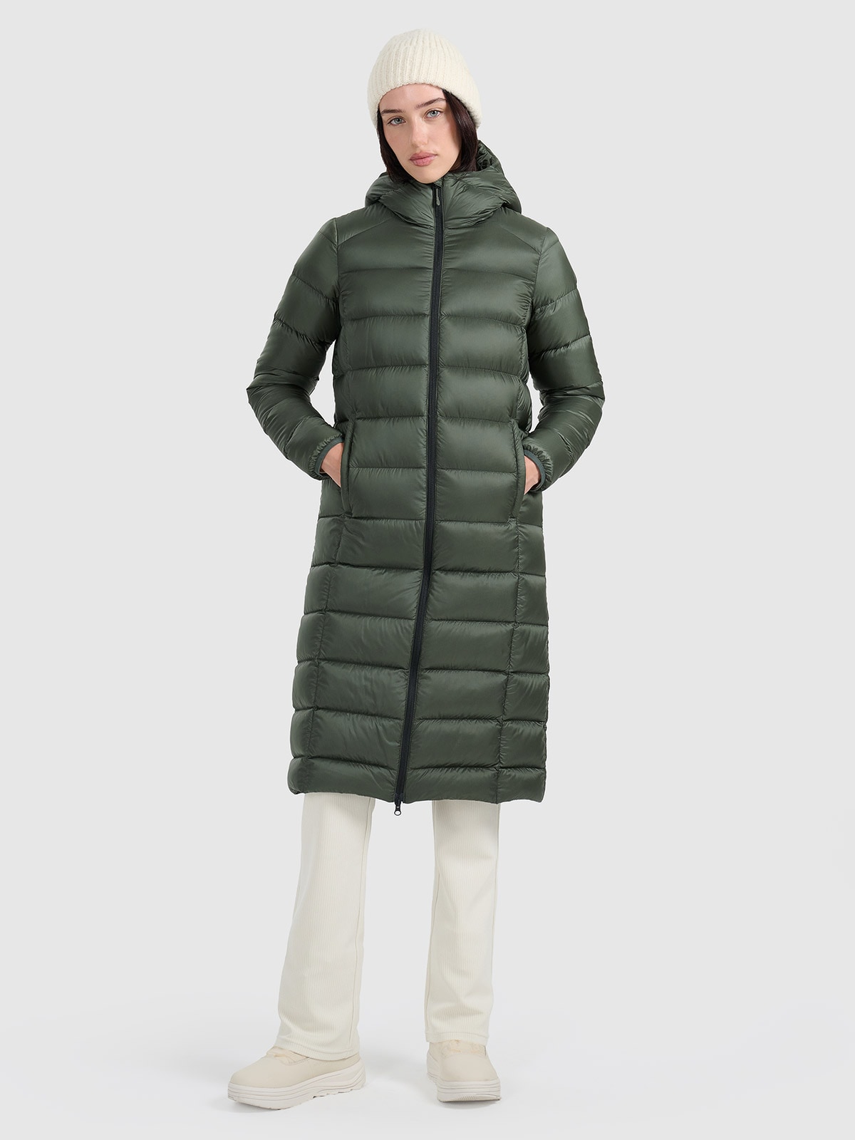 4F Płaszcz puchowy z wypełnieniem naturalnym damski - khaki XS