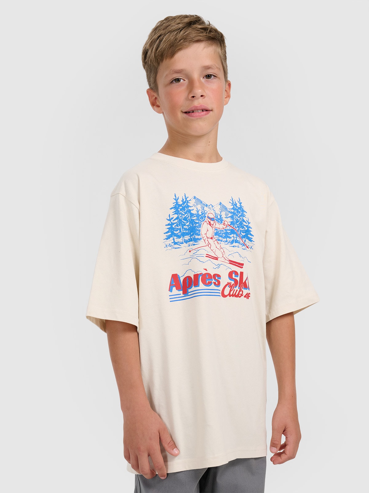 4F T-shirt loose z nadrukiem chłopięcy - biały 122/128 (6-8 lat)