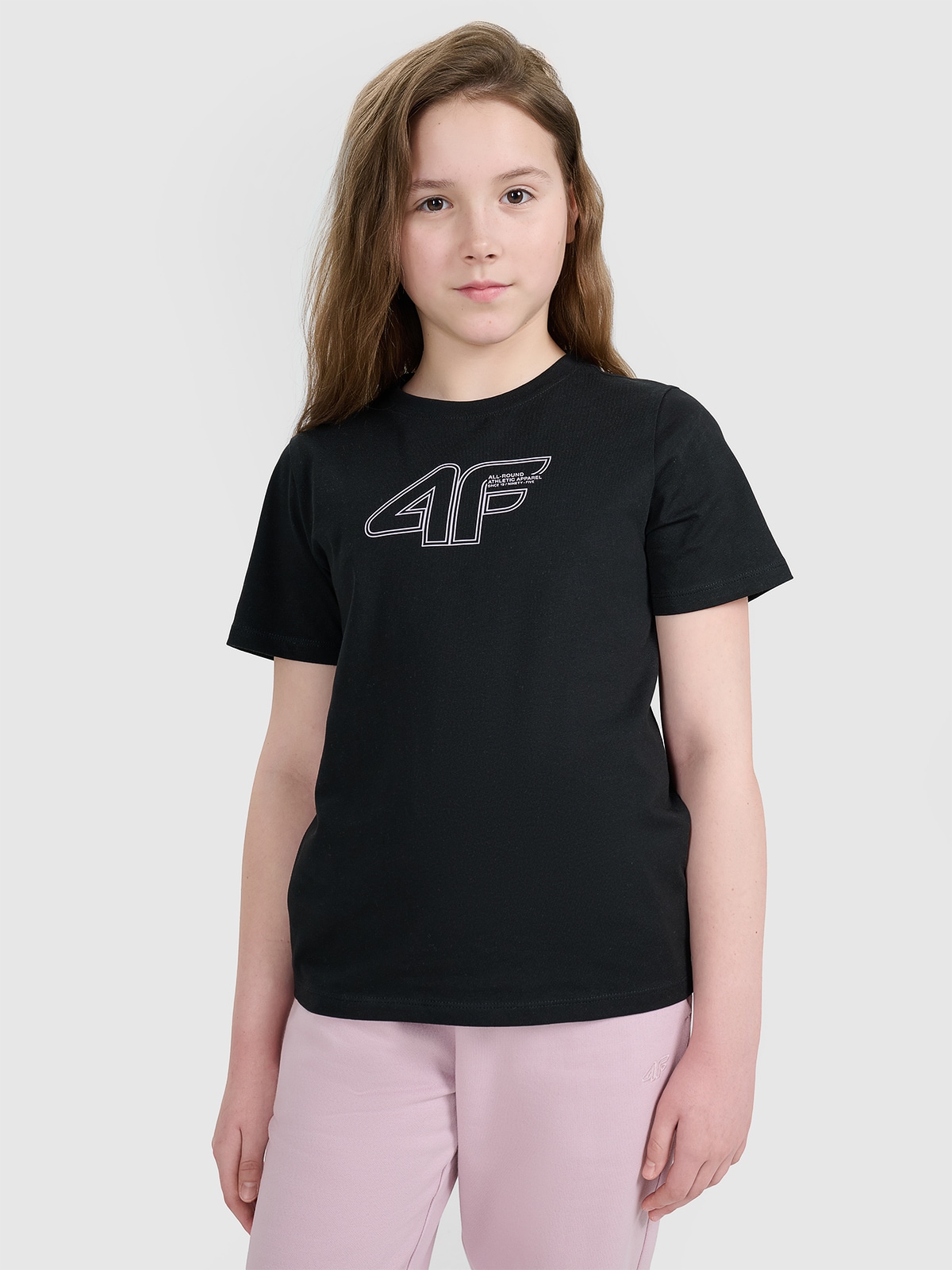 4F T-shirt regular z nadrukiem dziewczęcy - czarny 152 (11-12 lat)