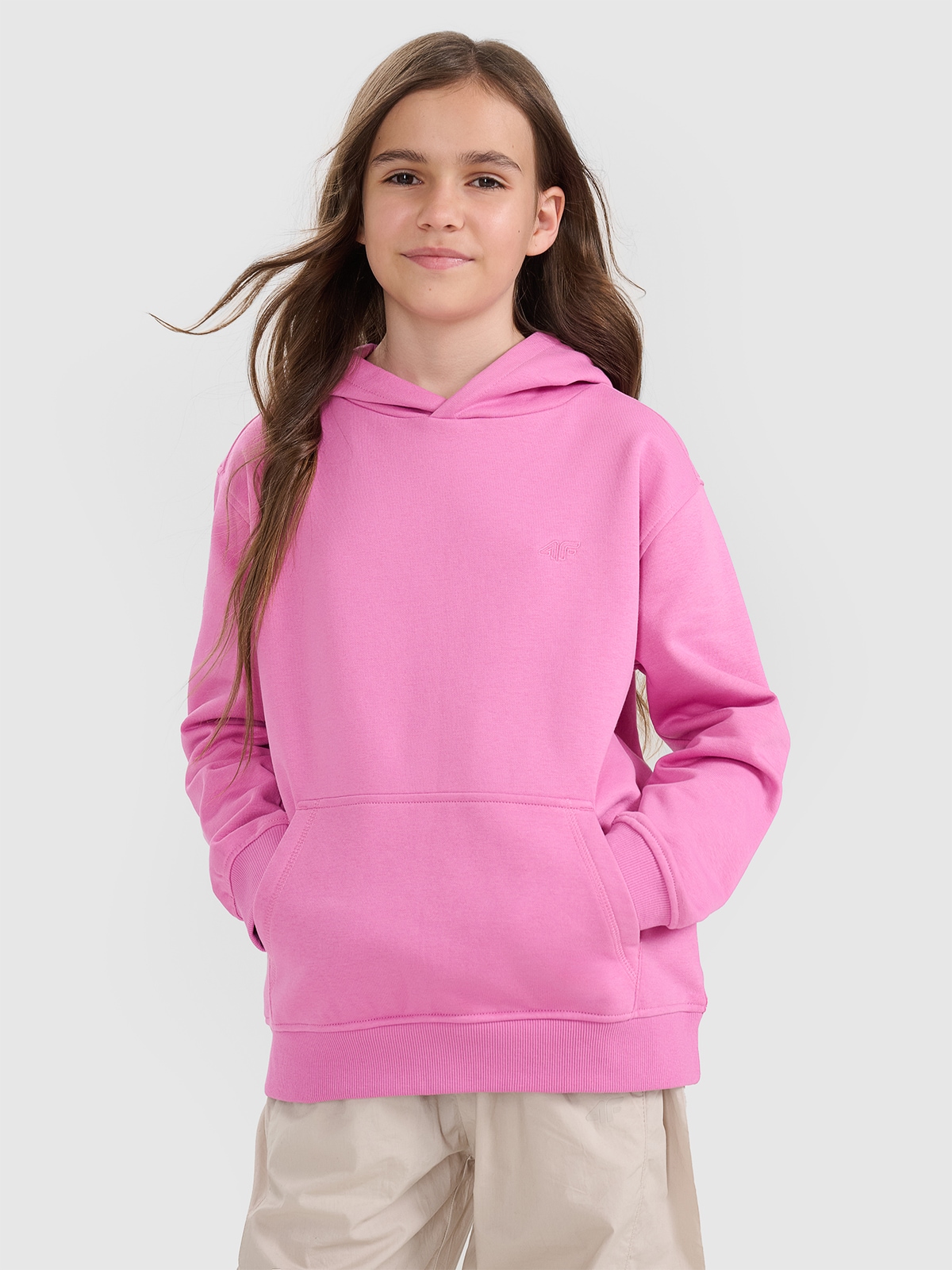 4F Bluza dresowa nierozpinana z kapturem dziewczęca - różowa 134 (8-9 lat)