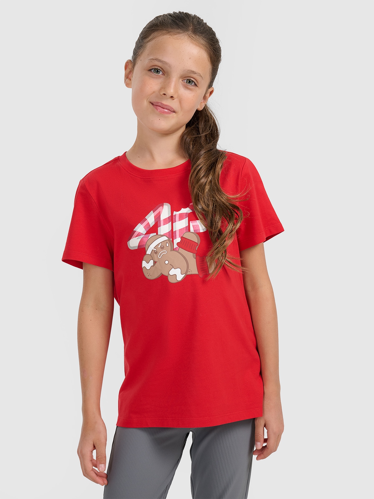 4F T-shirt regular z nadrukiem świątecznym dziewczęcy - czerwony 134 (8-9 lat)