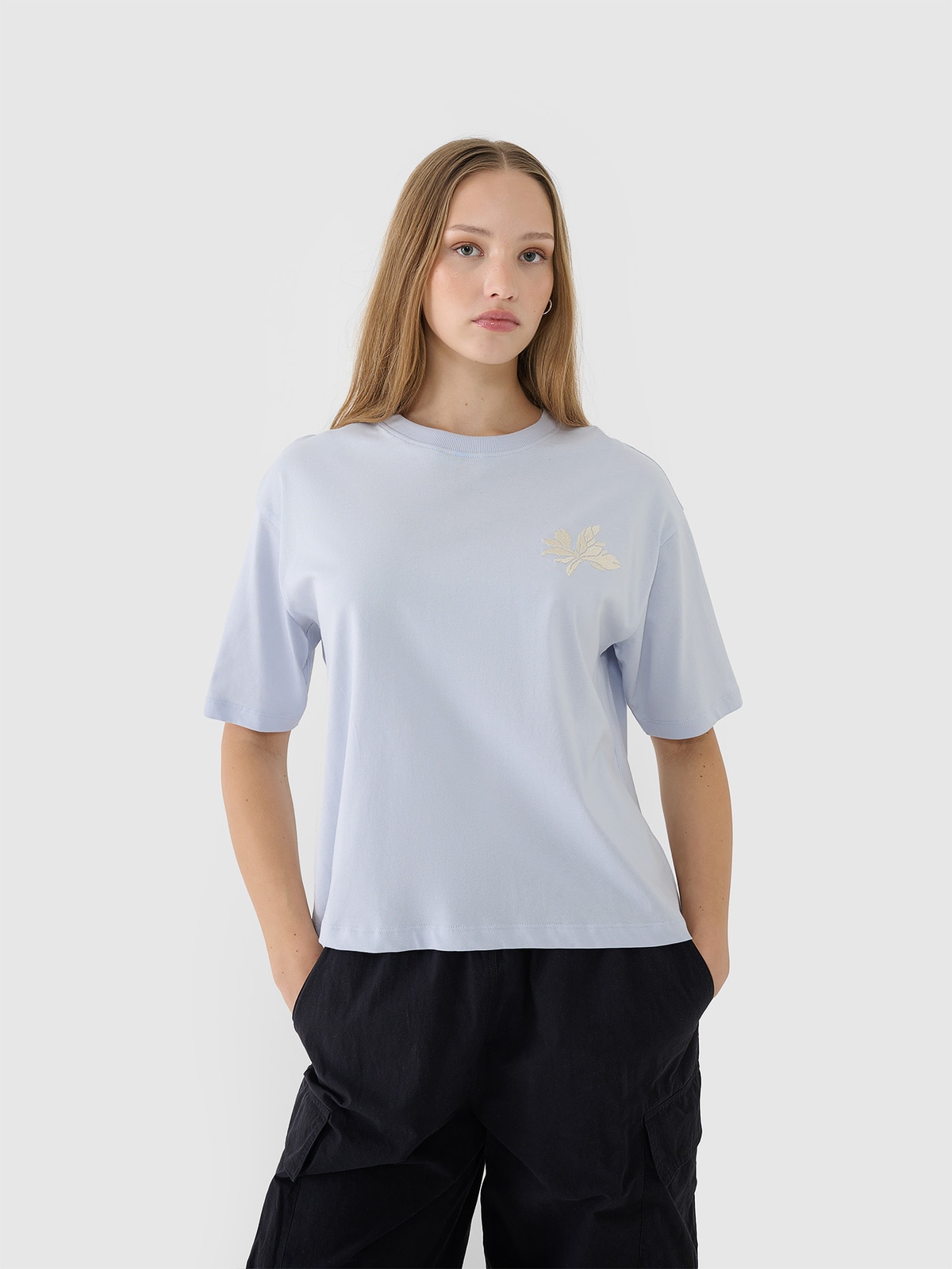 4F T-shirt oversize z nadrukiem damski - niebieski L