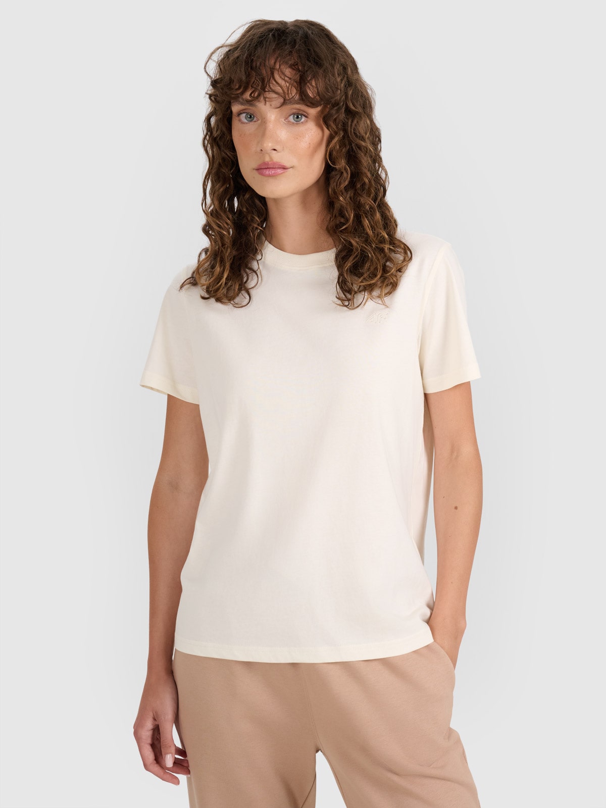 4F T-shirt regular gładki damski - beżowy XXL