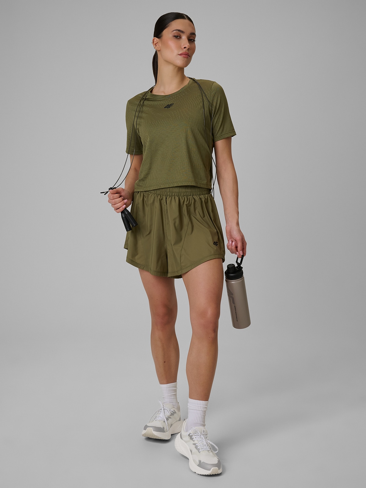 4F Spodenki treningowe szybkoschnące damskie - oliwkowe L