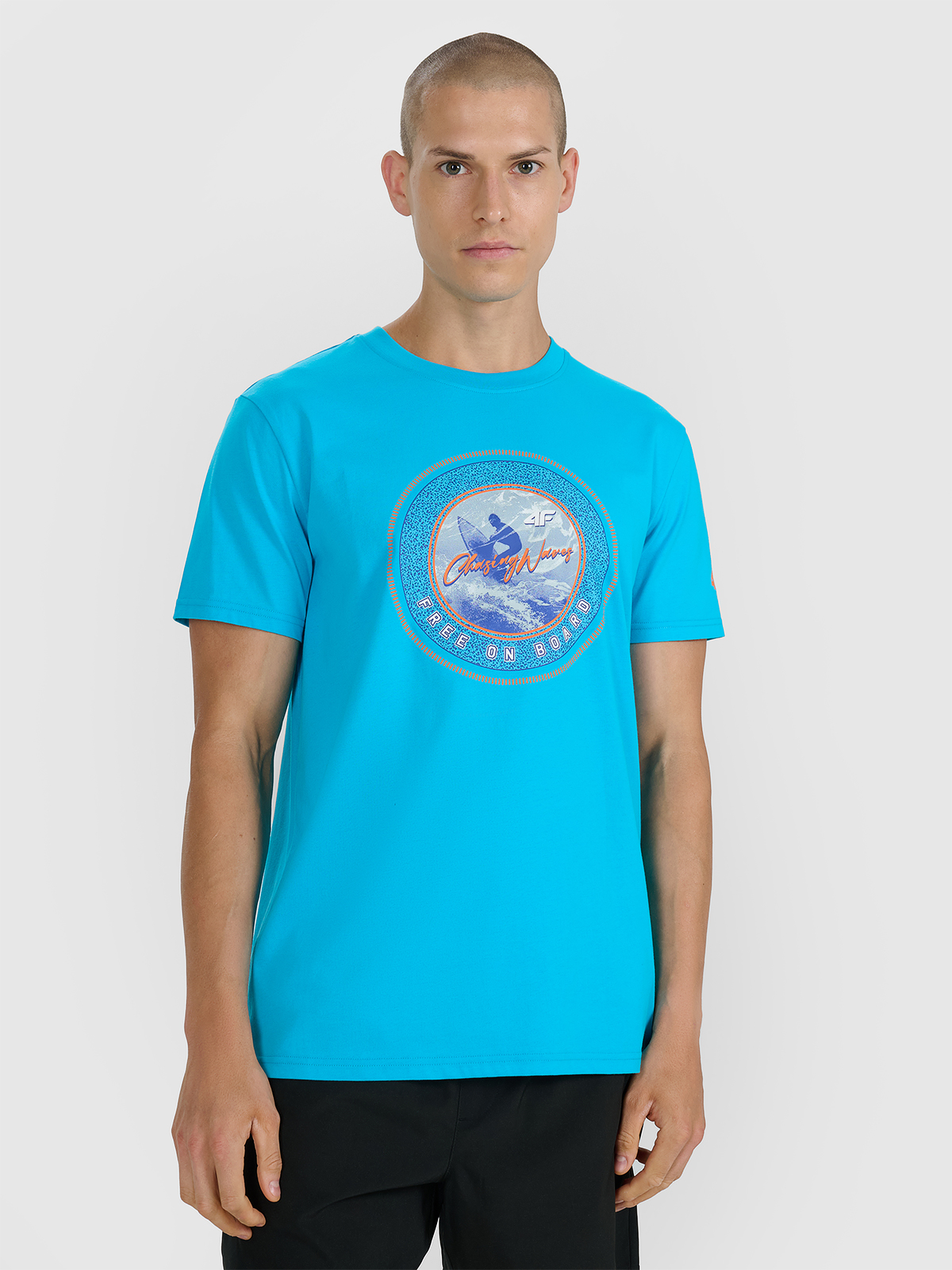 4F T-shirt regular z nadrukiem męski - niebieski XXL